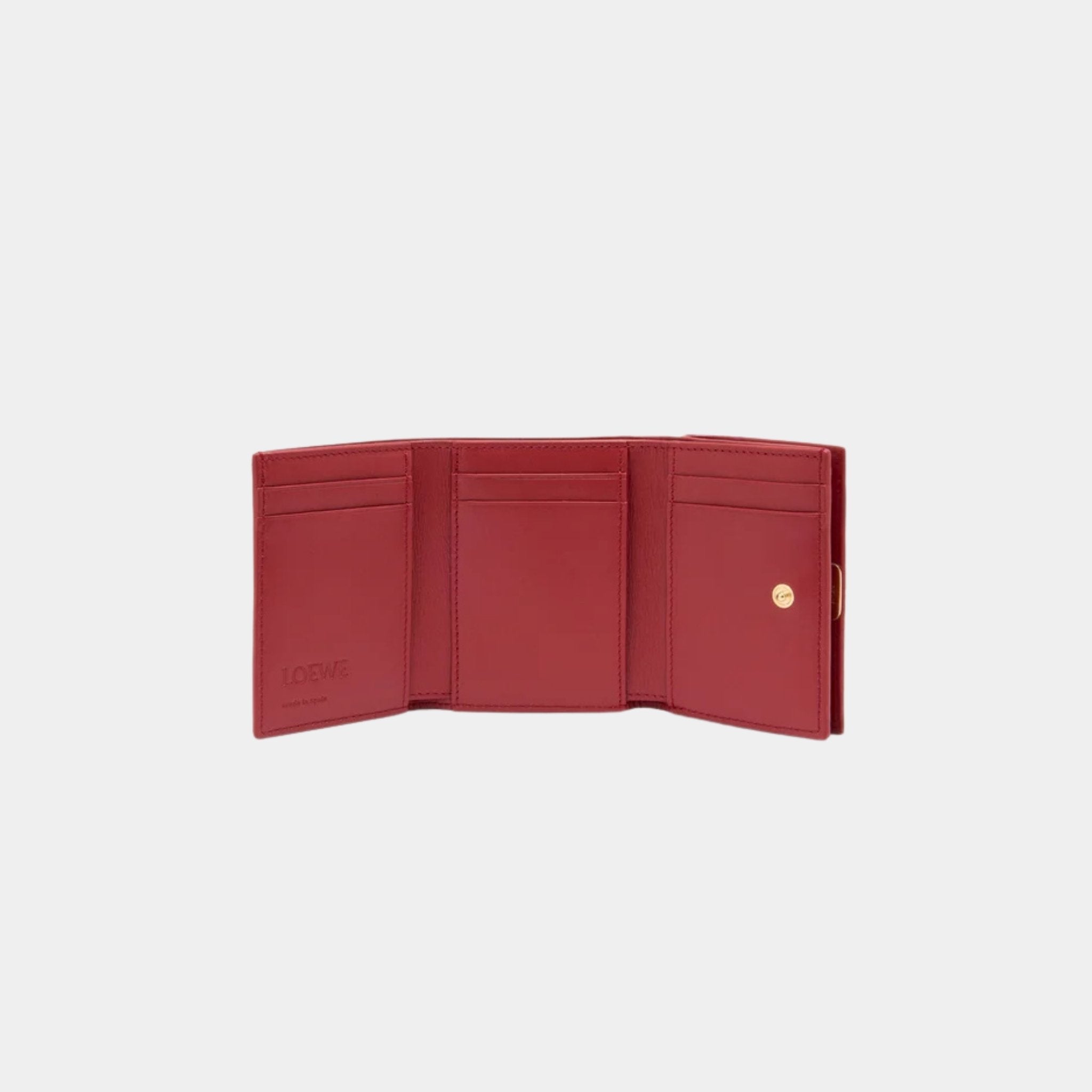 Loewe Puffer Anagram Trifold Wallet In Shiny Nappa Calfskin, Burnt Red, Open