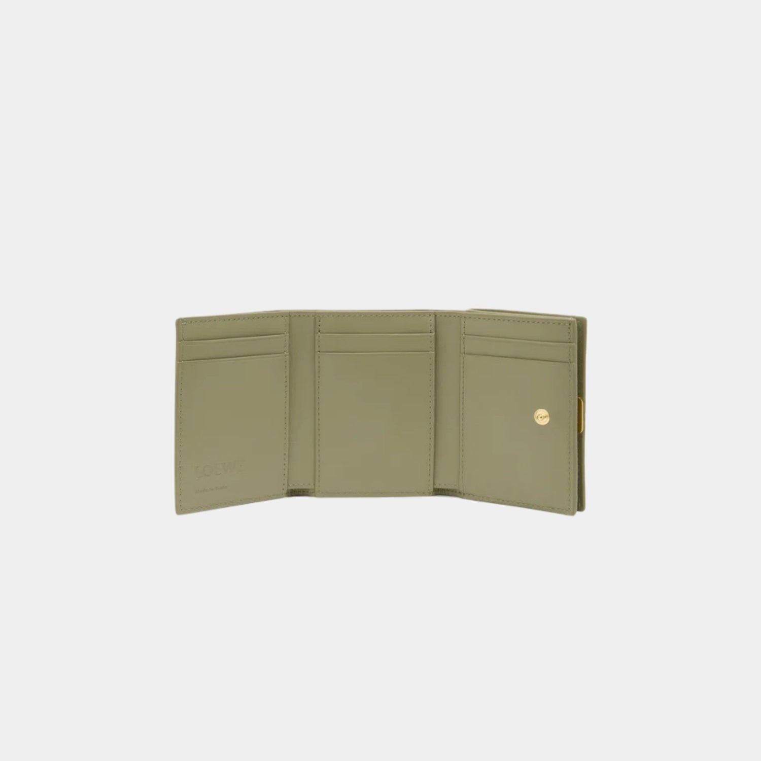 Loewe Puffer Anagram Trifold Wallet In Shiny Nappa Calfskin, Eucalyptus Green, Open