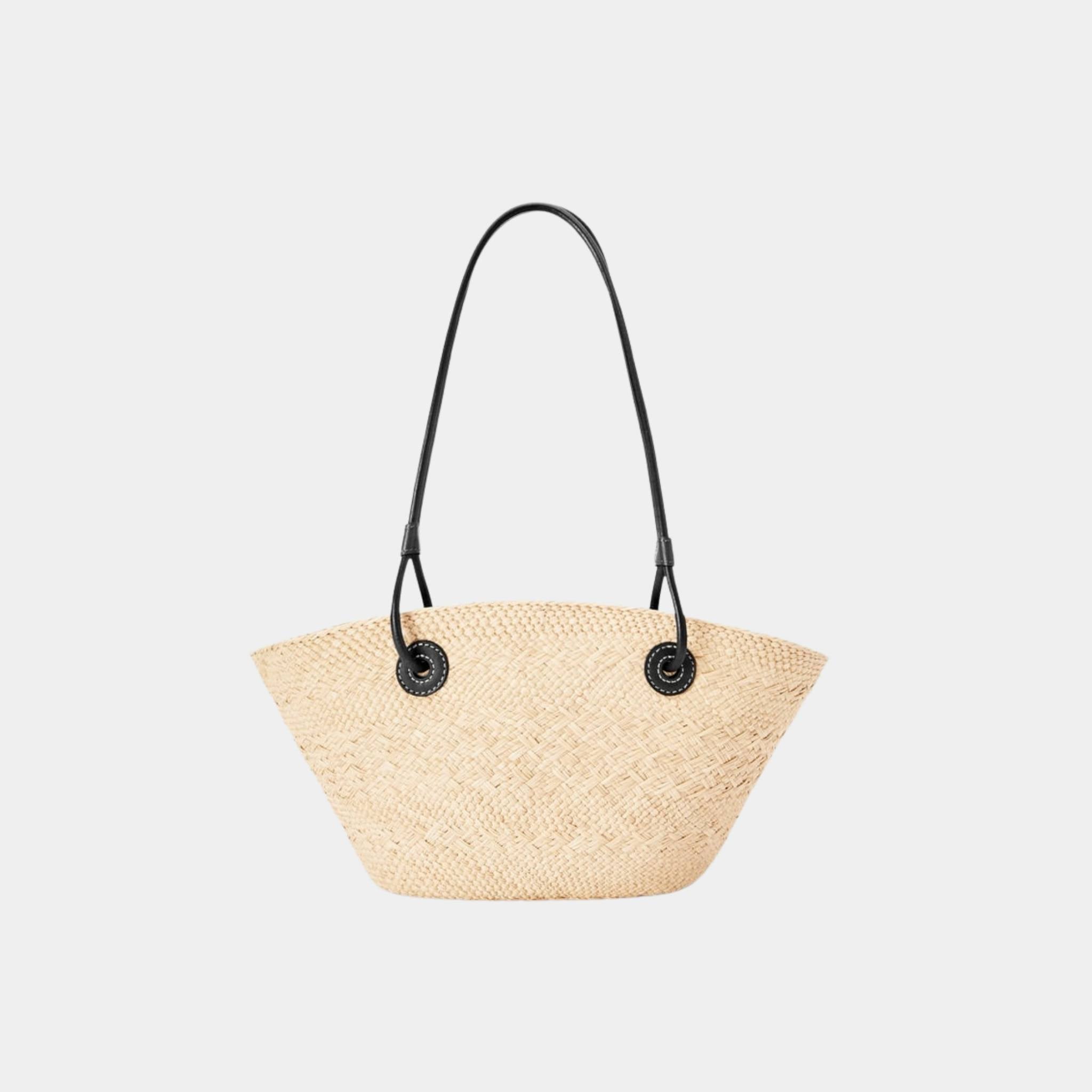 Loewe Small Anagram Basket Bag In Iraca Palm And Calfskin, Natural, Black, Back