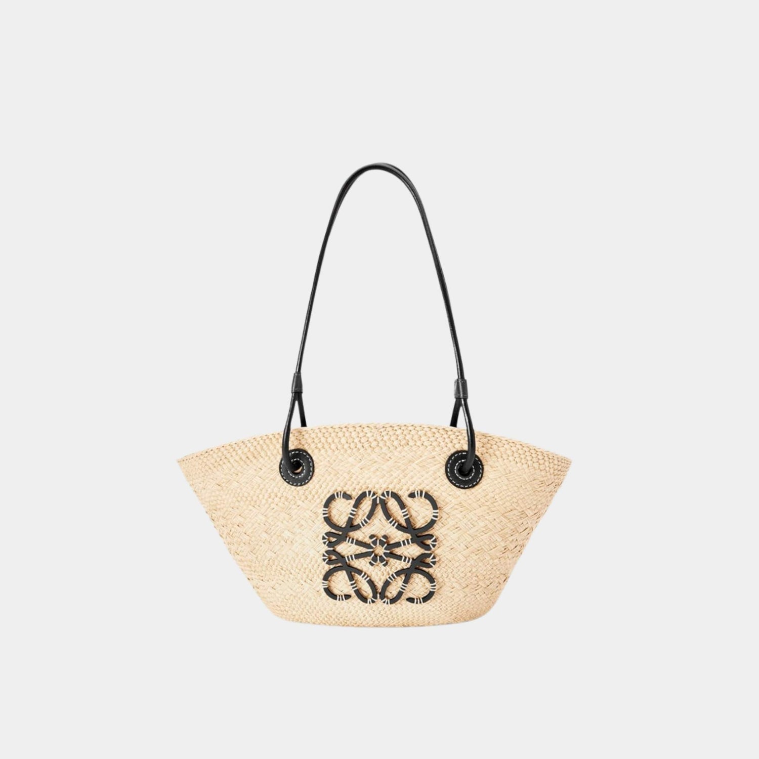 Loewe Small Anagram Basket Bag In Iraca Palm And Calfskin, Natural, Black, Front