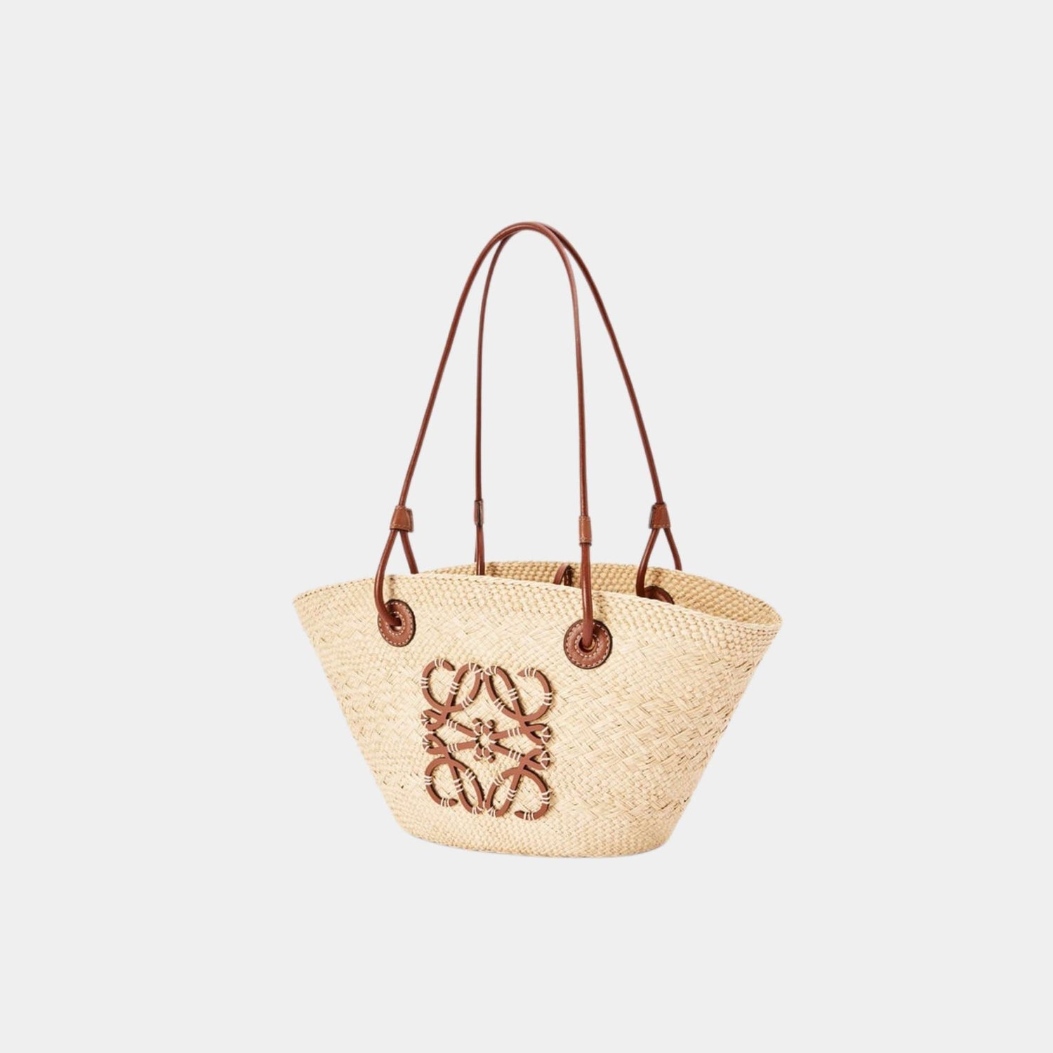Loewe Small Anagram Basket Bag In Iraca Palm And Calfskin, Natural, Tan, Side