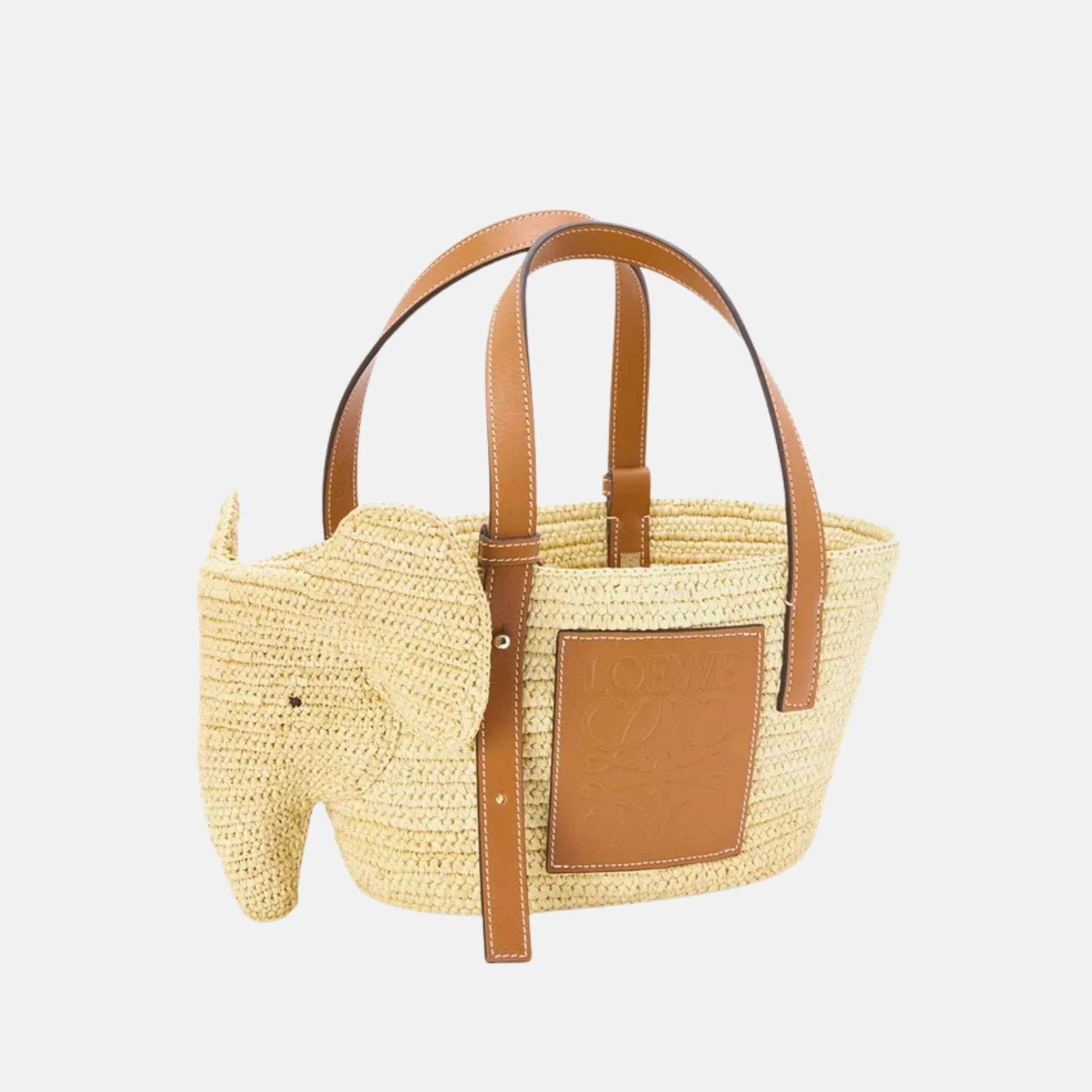 Loewe Small Elephant Basket in Raffia and Calfskin, Side