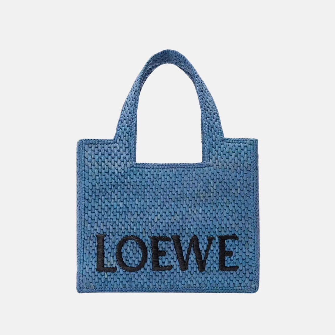 Loewe Small Font Tote in Handwoven Raffia, Light Blue, Front