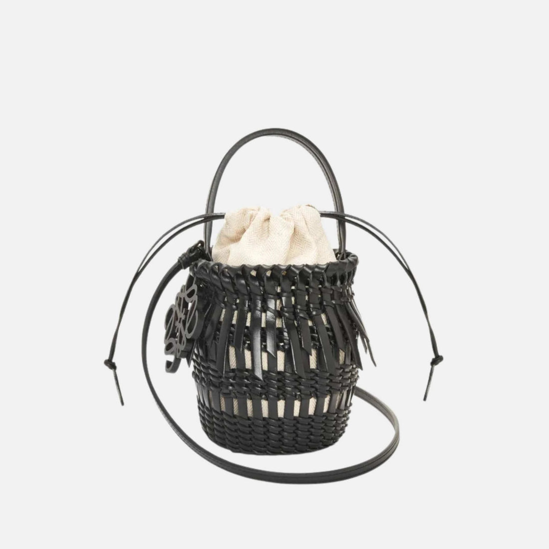 Loewe Small Fringe Bucket Bag in Calfskin, Black, Front