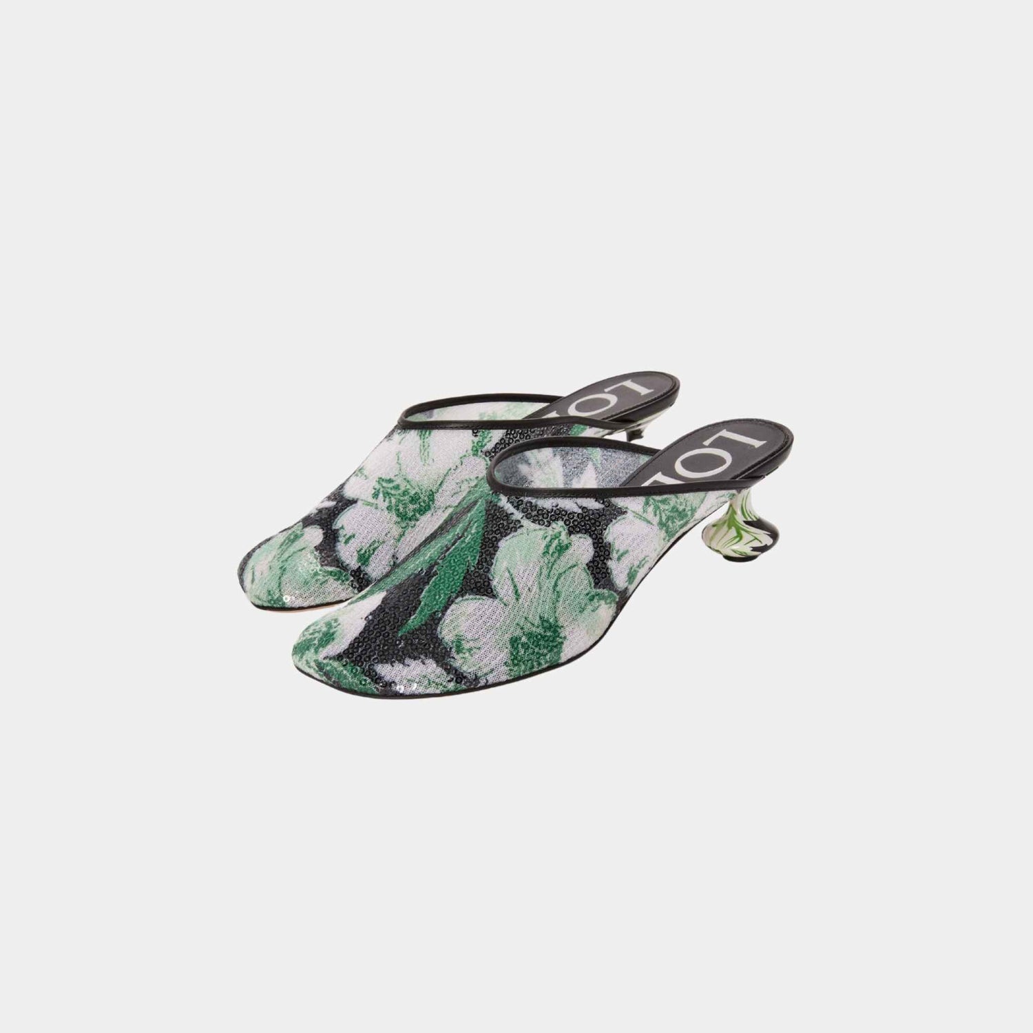 Loewe Toy Mule With Floral Print Sequins, Black, Hibiscus Green, Front