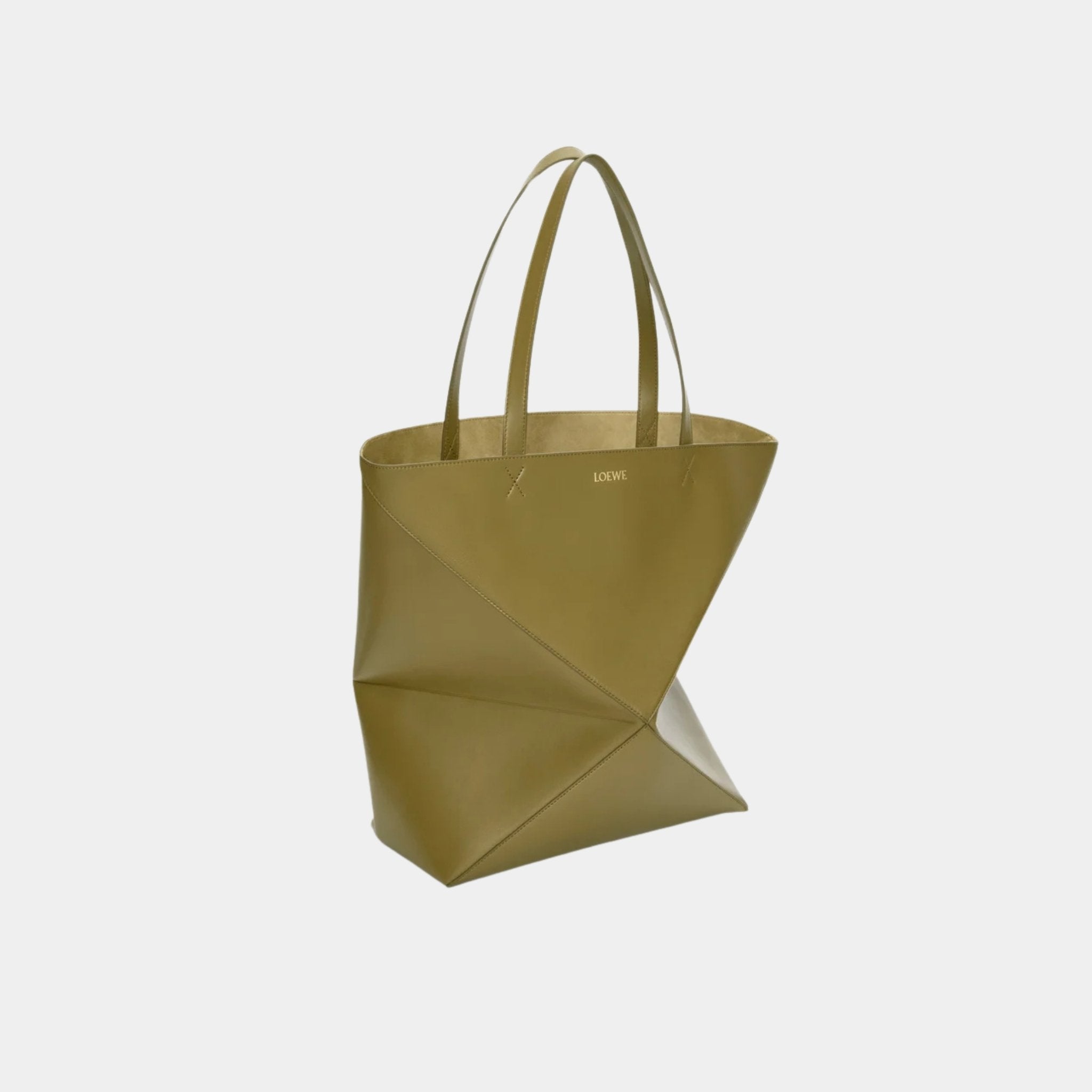 Loewe XL Puzzle Fold Tote Bag Shiny Calf Leather, Olive Green, Side