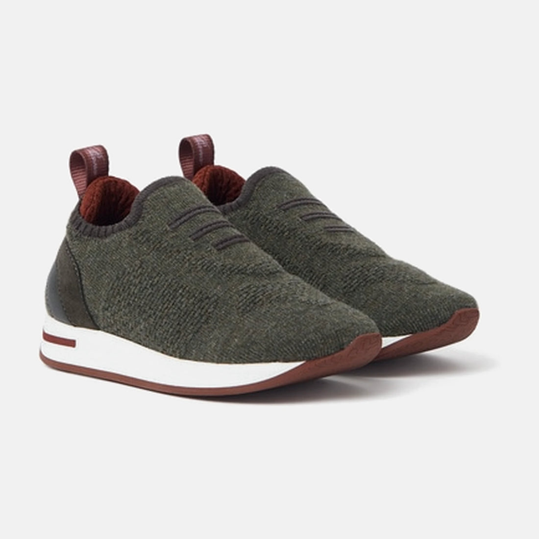 Loro Piana Baby 360 Flexy Walk Sneaker in Wish Wool and Silk in Dried Parsley Flakes, three quarter view