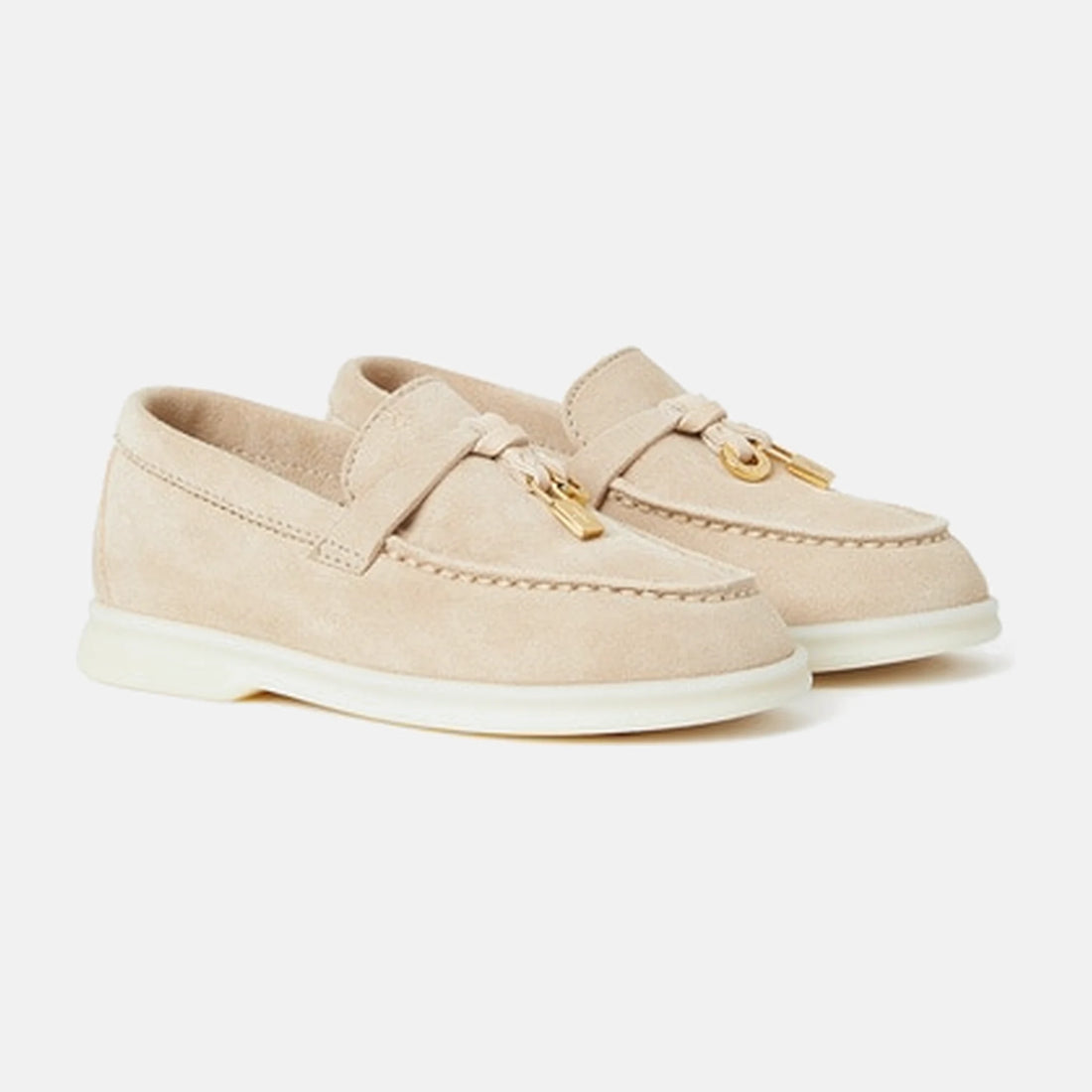 Loro Piana Baby Summer Charms Walk Loafers in Suede in Natural Light Camel, three quarter view