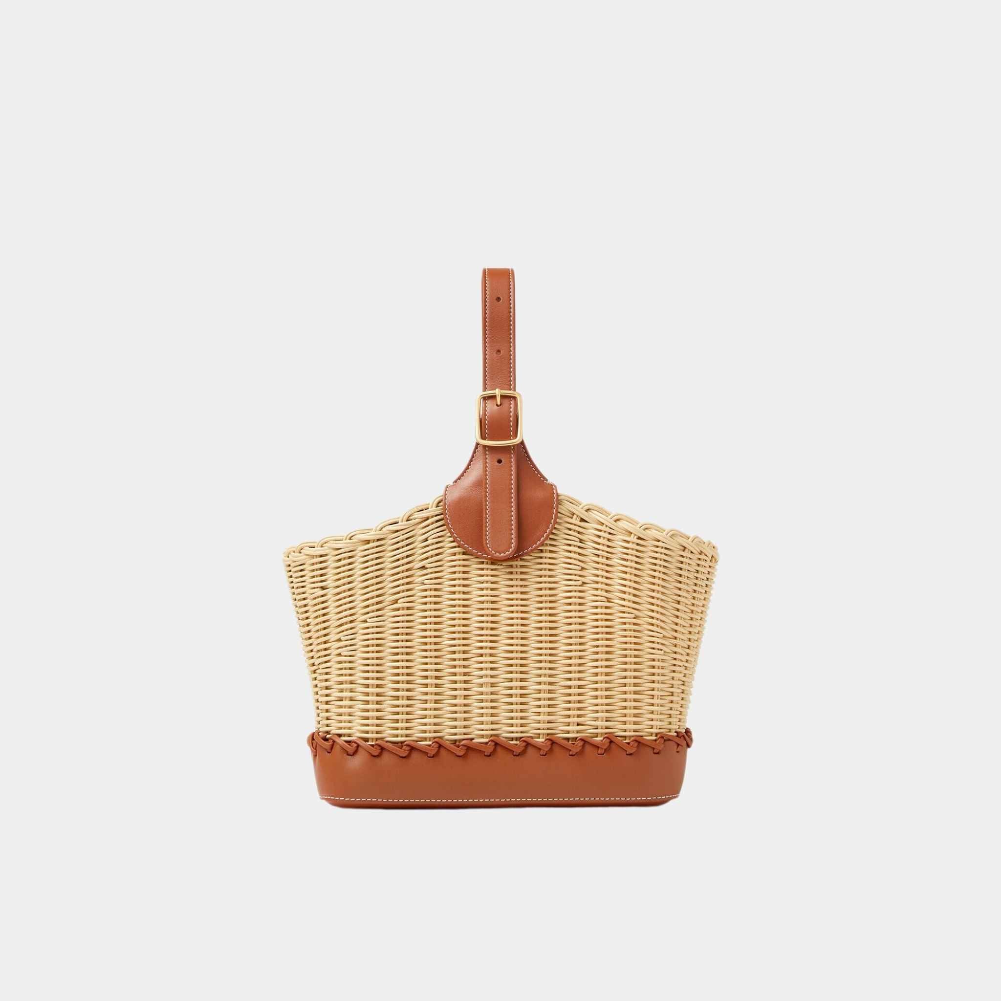 Loro Piana Bobbin Bucket Bag Wicker, Warm Tan, Front