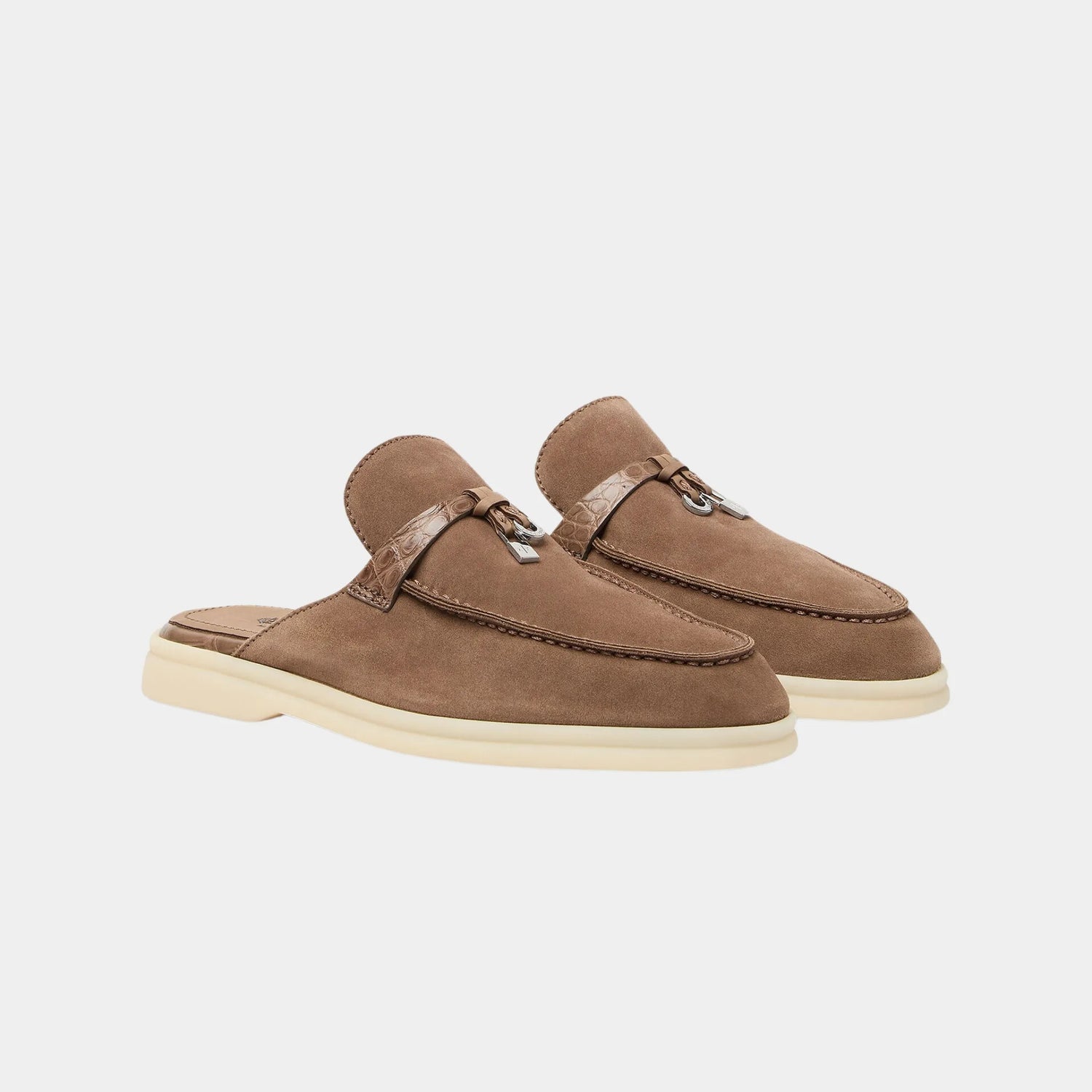Loro Piana Charms Walk Babouche Loafer Suede With Alligator Saddles, Caribu, Front