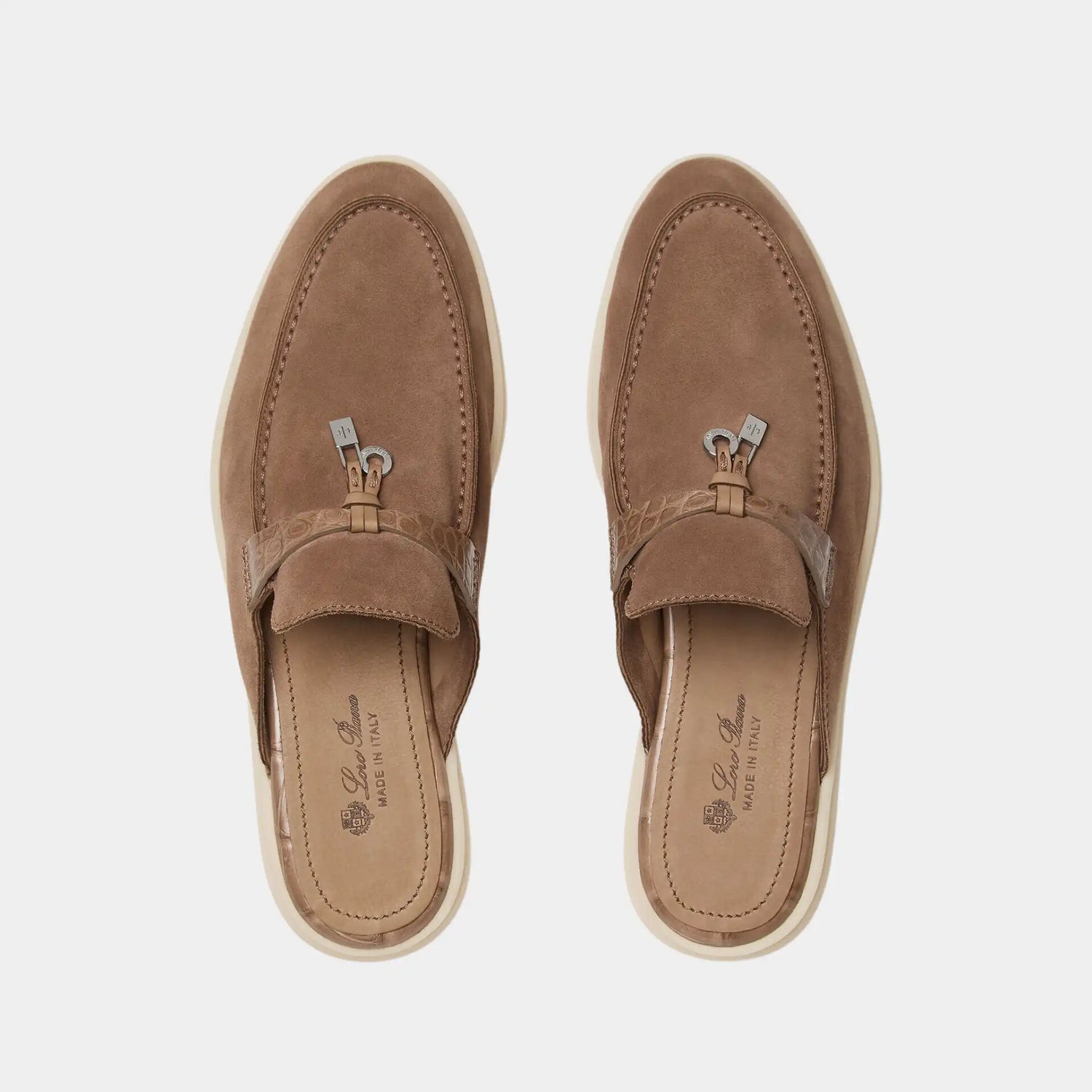 Loro Piana Charms Walk Babouche Loafer Suede With Alligator Saddles, Caribu, Top