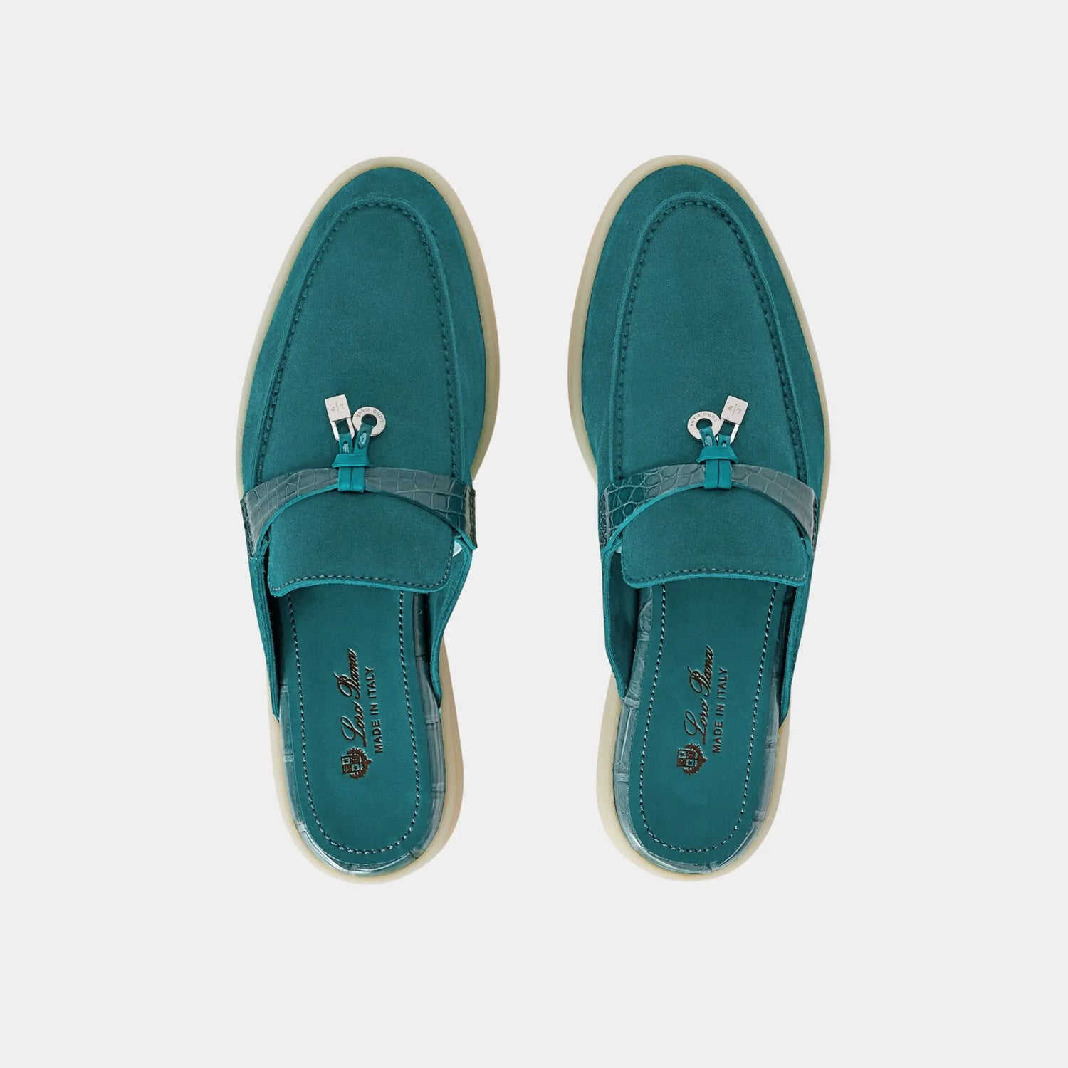 Loro Piana Charms Walk Babouche Loafer Suede With Alligator Saddles, Fir Forest, Top