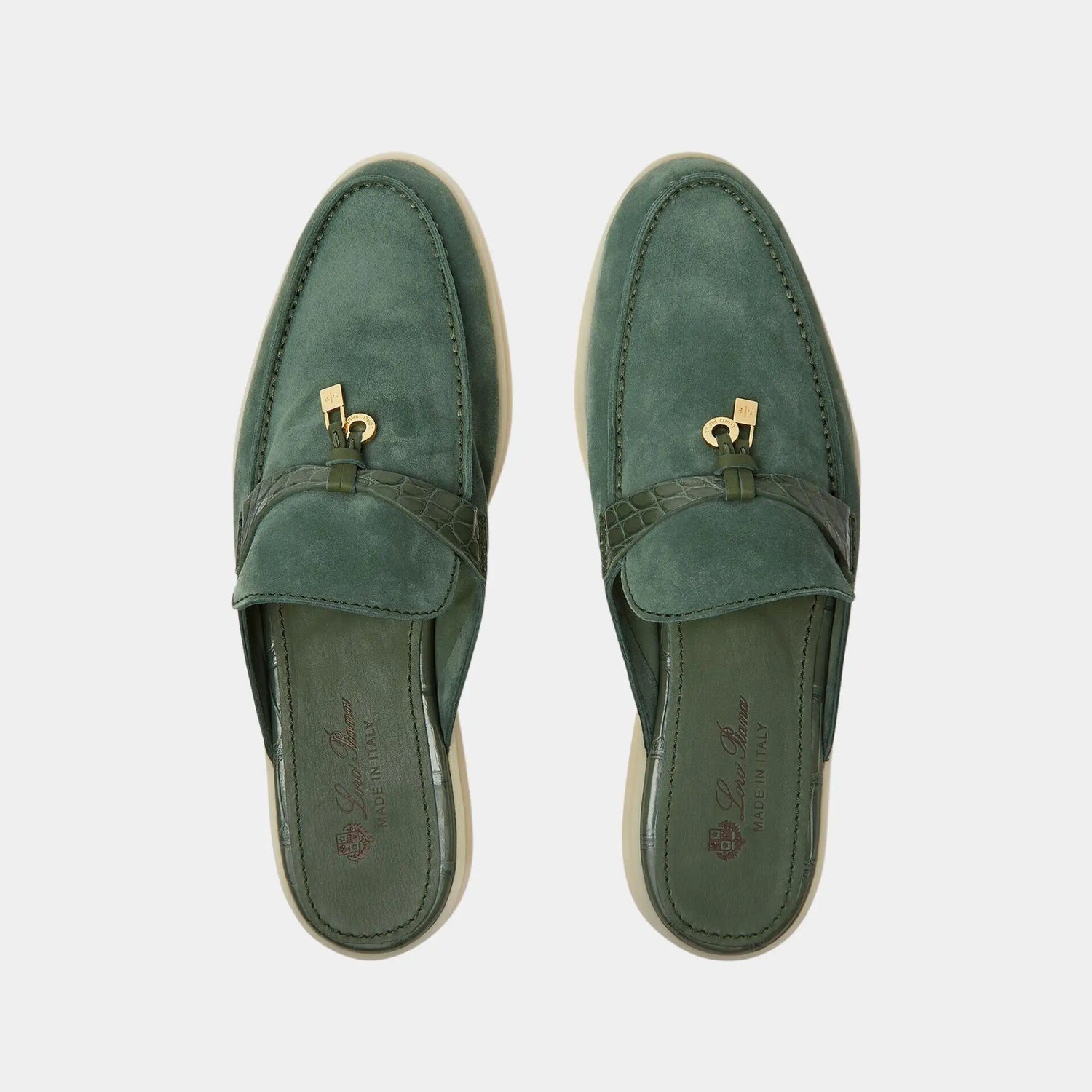 Loro Piana Charms Walk Babouche Loafer Suede With Alligator Saddles, Green Lagoon, Top