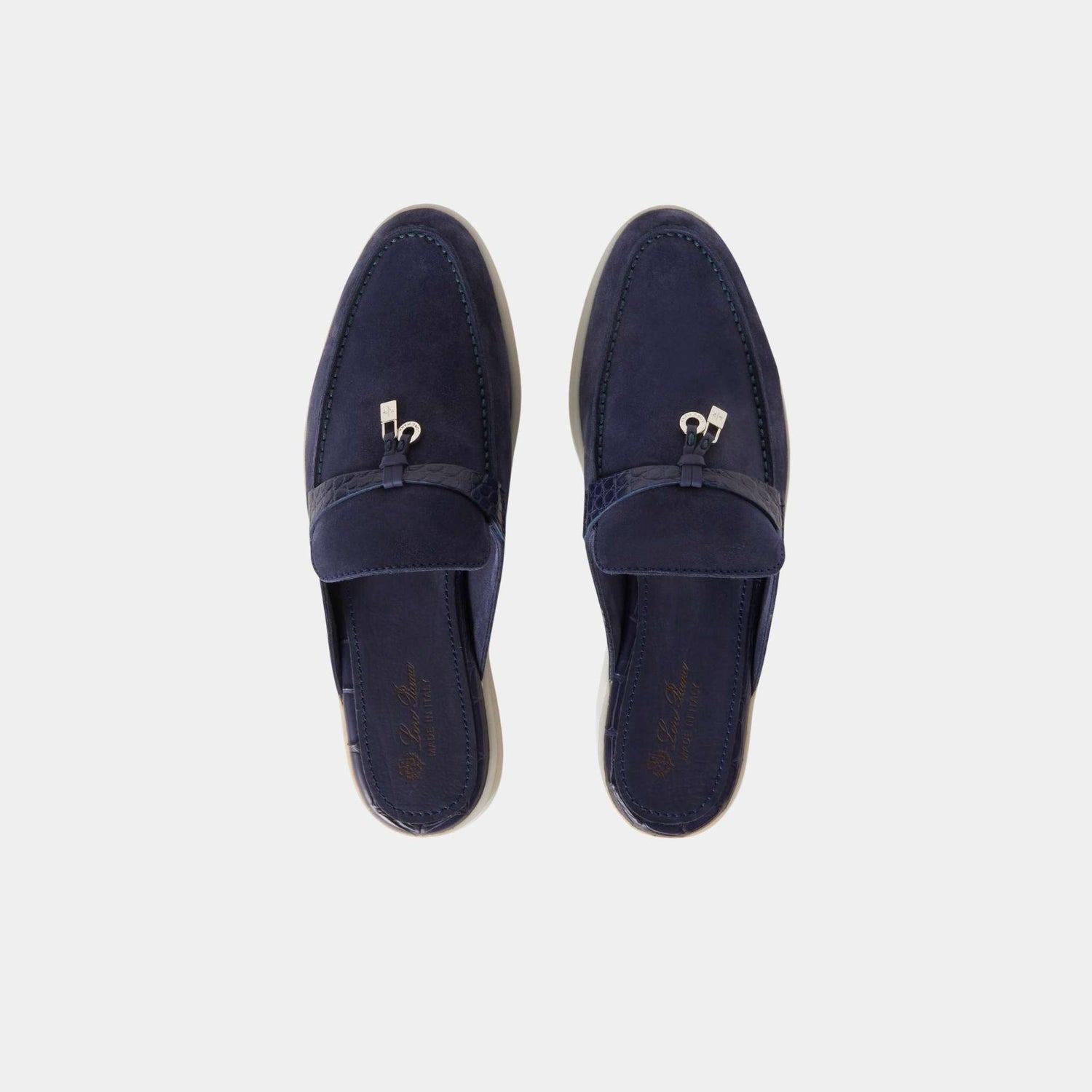 Loro Piana Charms Walk Babouche Loafer Suede With Alligator Saddles, Midnight Blue, Top