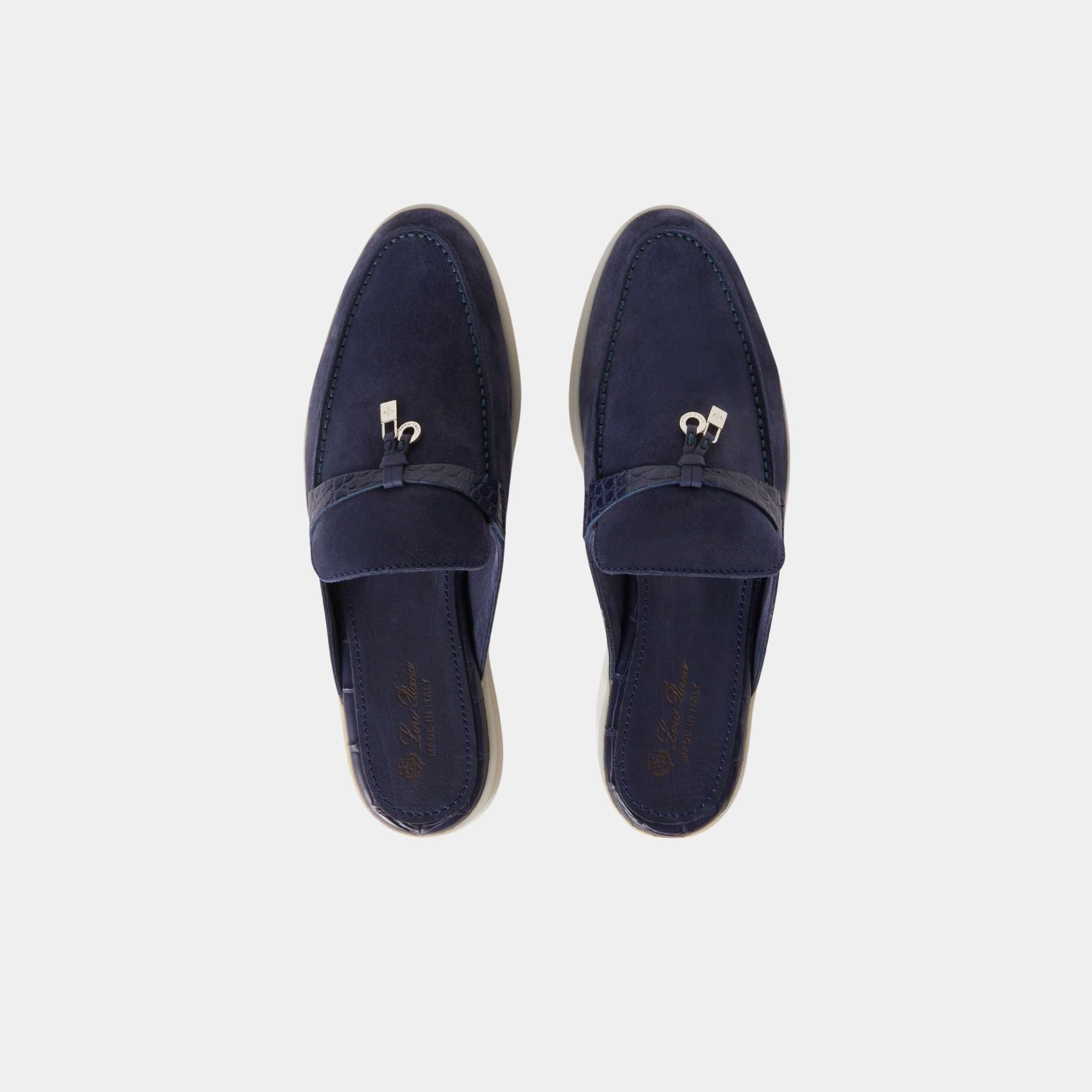Loro Piana Charms Walk Babouche Loafer Suede With Alligator Saddles, Midnight Blue, Top