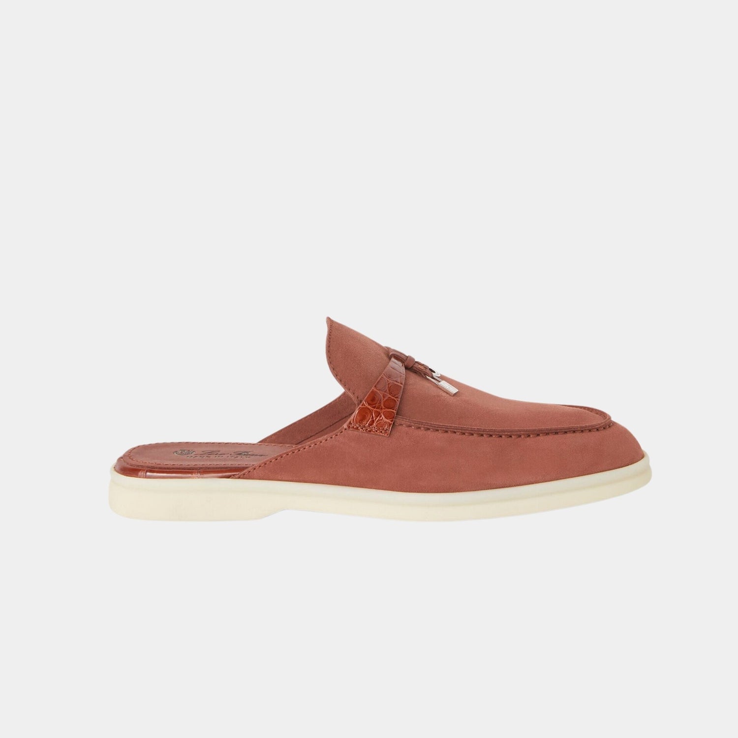 Loro Piana Charms Walk Babouche Loafer Suede With Alligator Saddles, Raw Sienna, Side