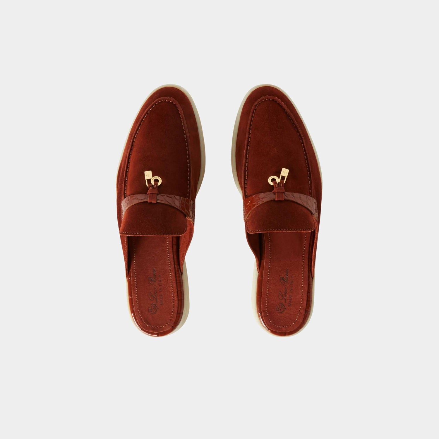 Loro Piana Charms Walk Babouche Loafer Suede With Alligator Saddles, Rust, Top