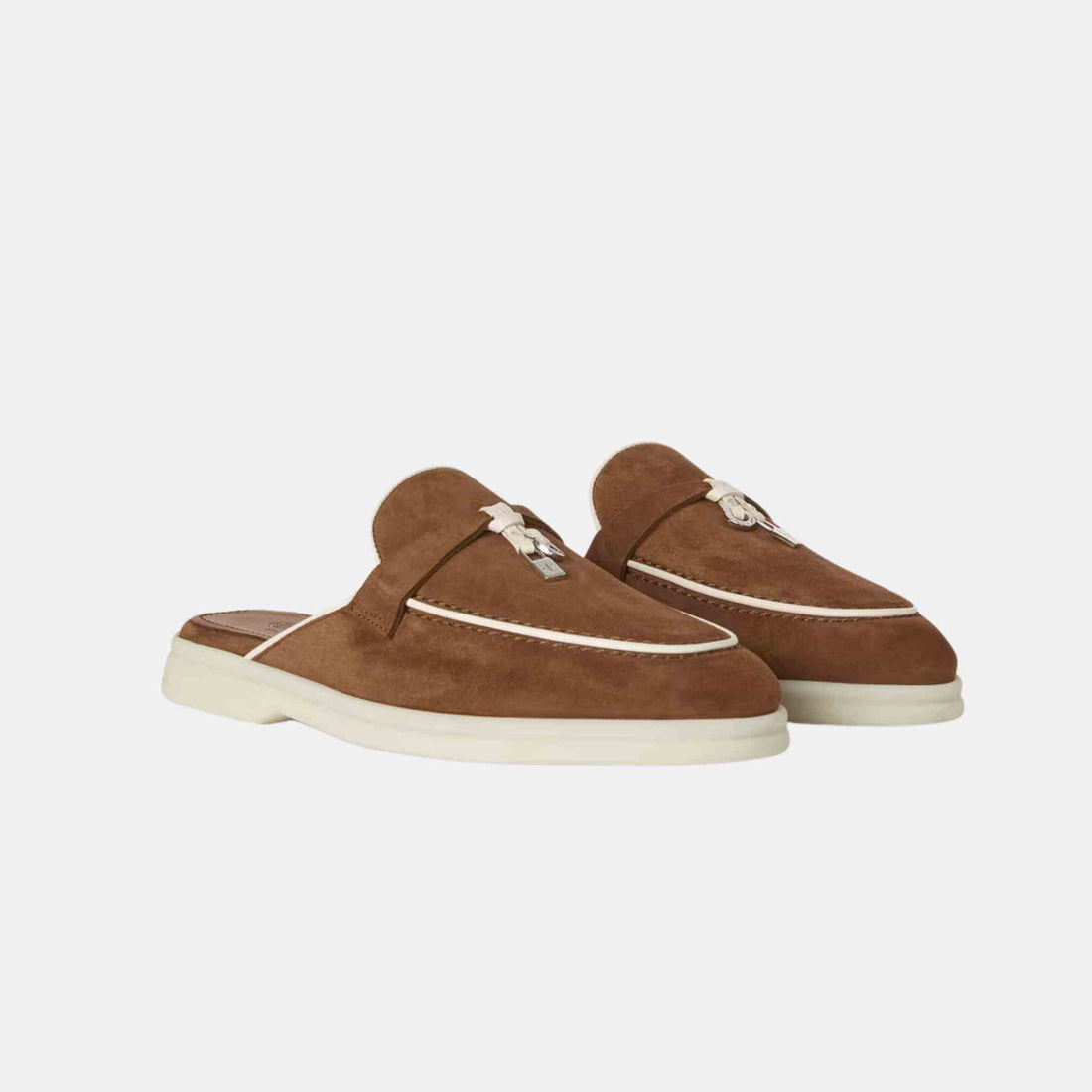 حذاء لوفر Charms Walk Babouche من Loro Piana بحواف جلدية، Rocky Road، أمامي
