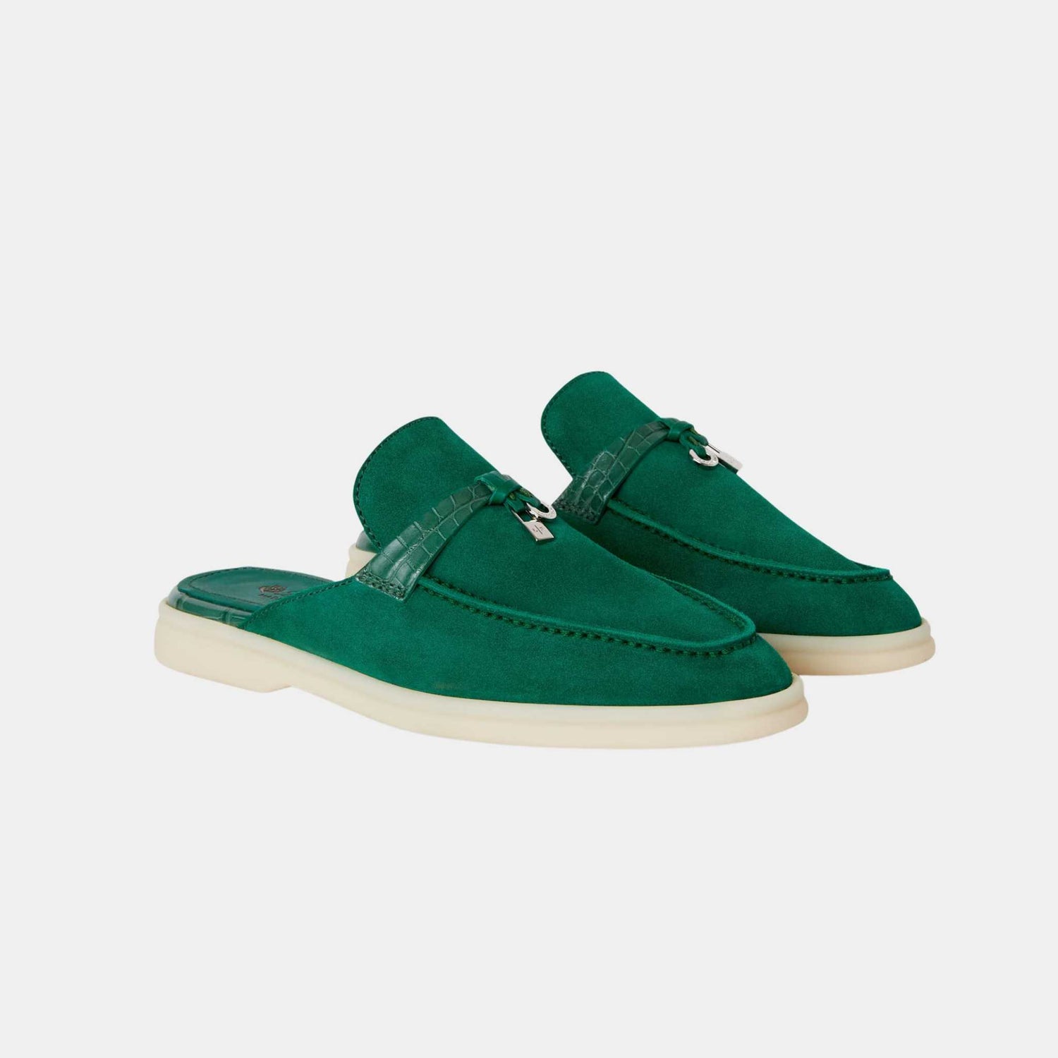 Loro Piana Charms Walk Babouche Suede Loafer With Alligator Saddles, Baobab Green, Front