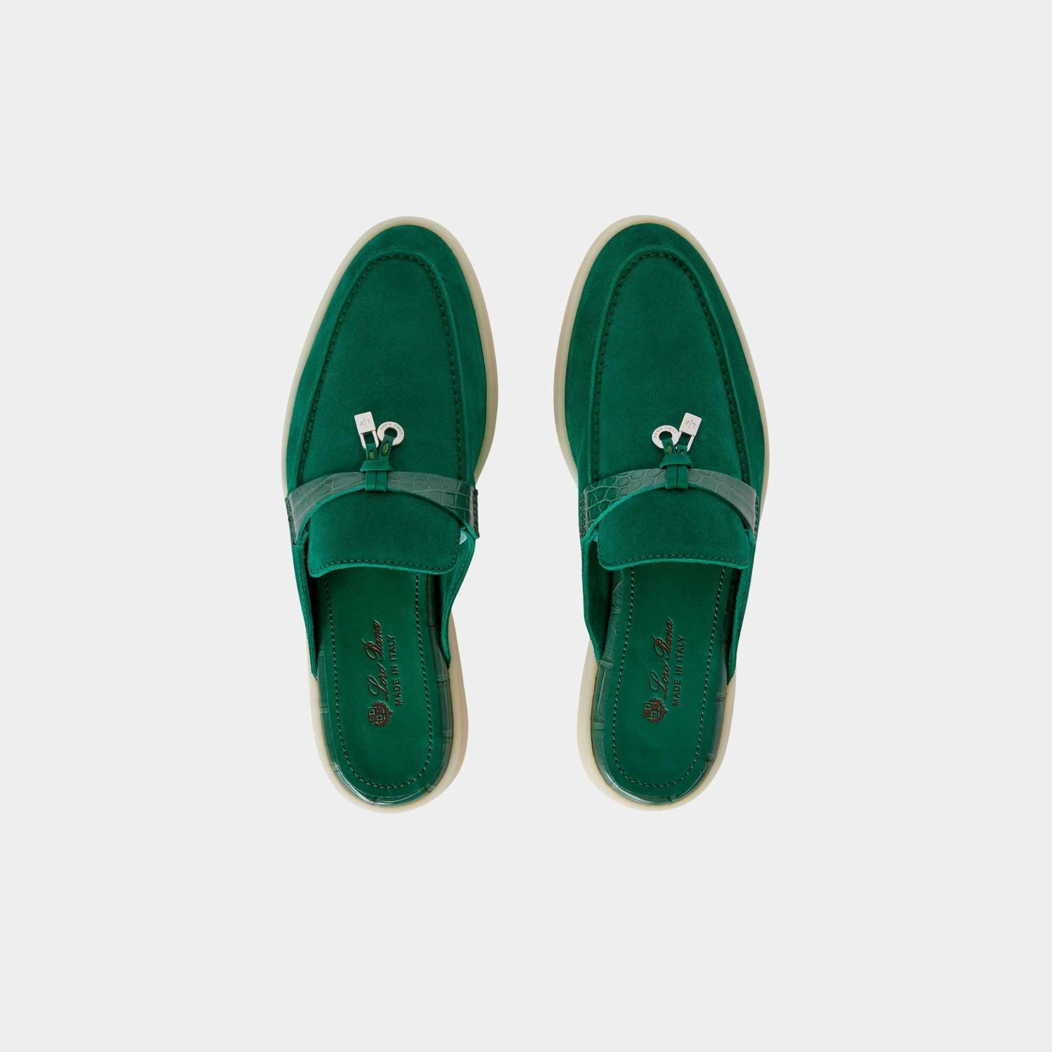 Loro Piana Charms Walk Babouche Suede Loafer With Alligator Saddles, Baobab Green, Top