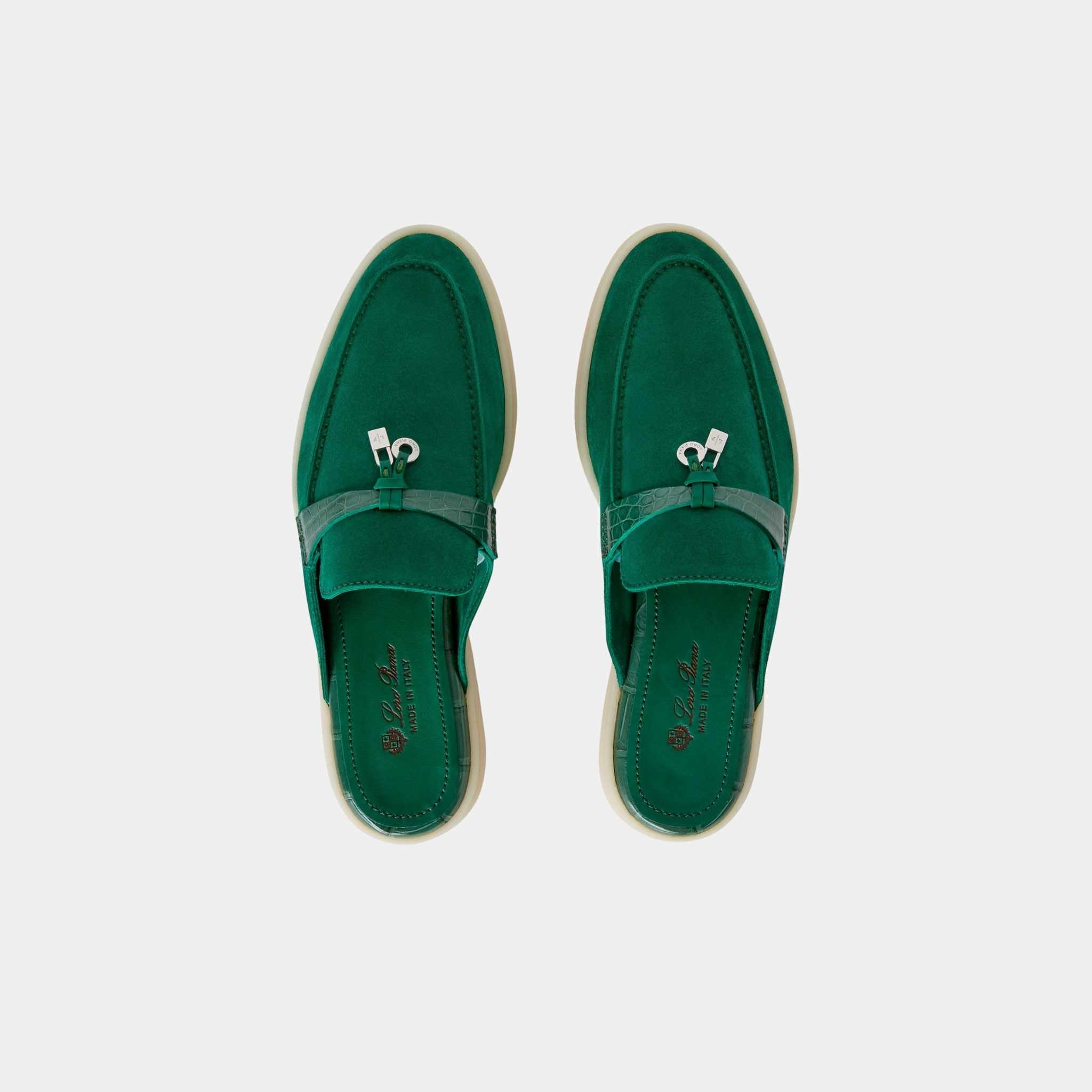 Loro Piana Charms Walk Babouche Suede Loafer With Alligator Saddles, Baobab Green, Top