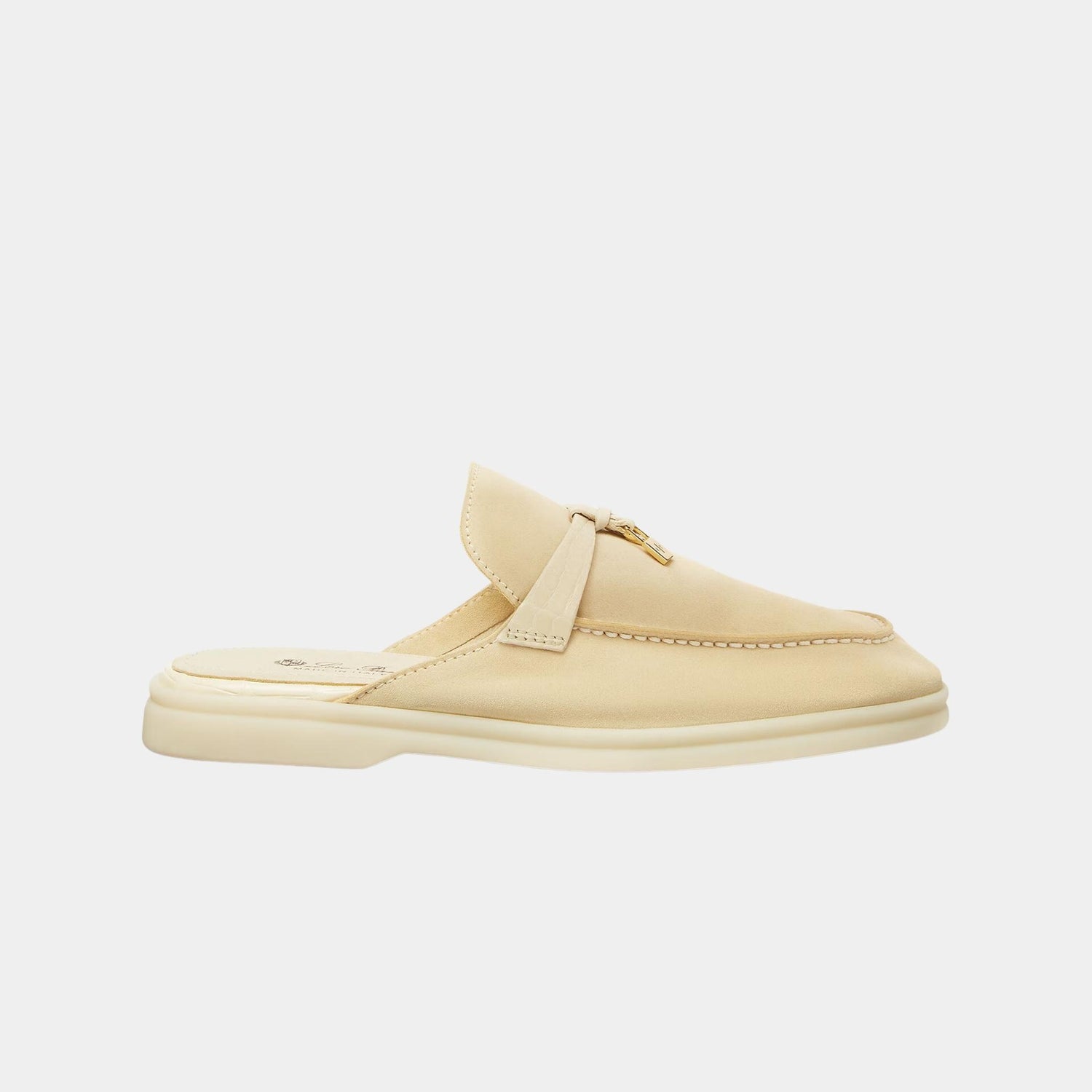 Loro Piana Charms Walk Babouche Suede Loafer With Alligator Saddles, Butter, Side