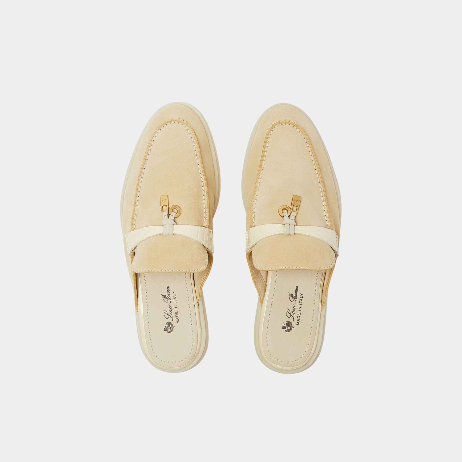 Loro Piana Charms Walk Babouche Suede Loafer With Alligator Saddles, Butter, Top