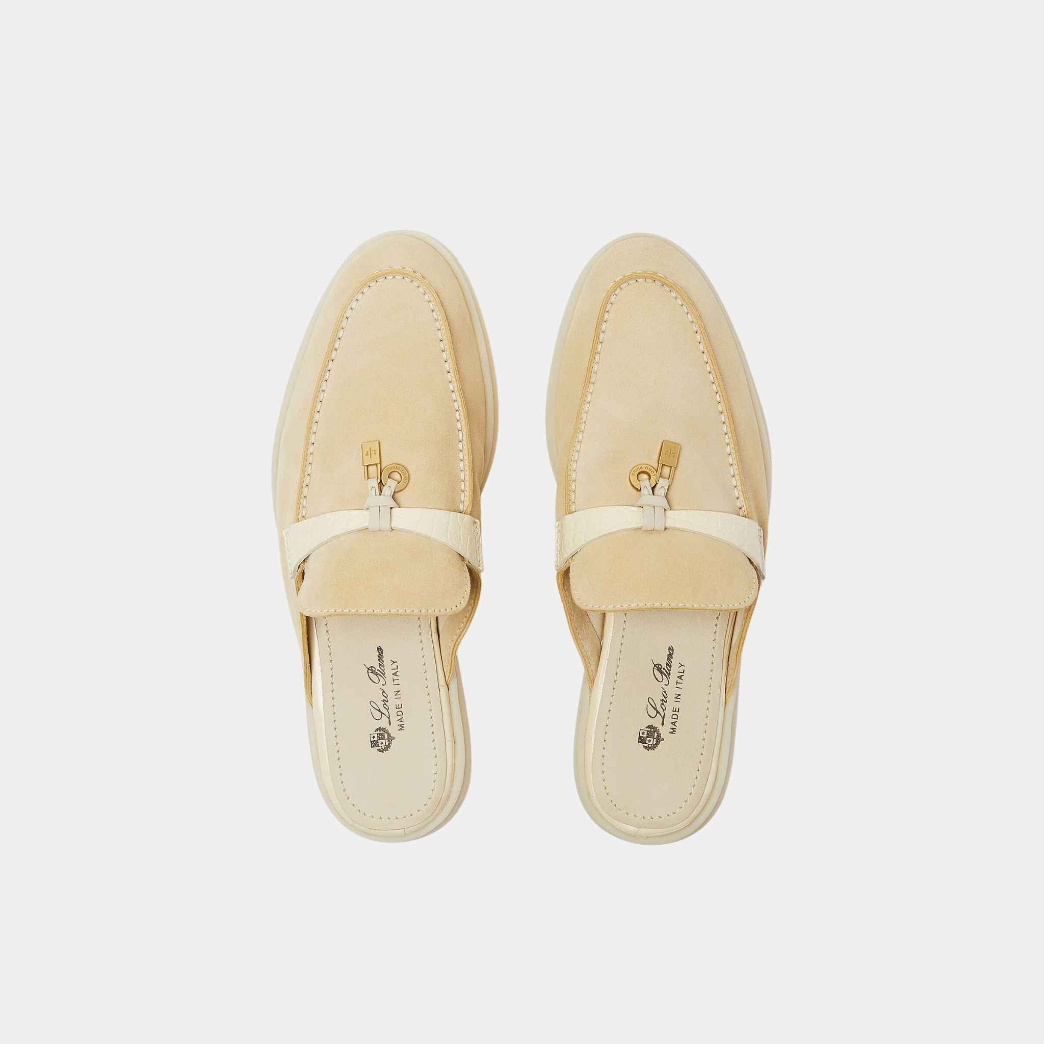 Loro Piana Charms Walk Babouche Suede Loafer With Alligator Saddles, Butter, Top