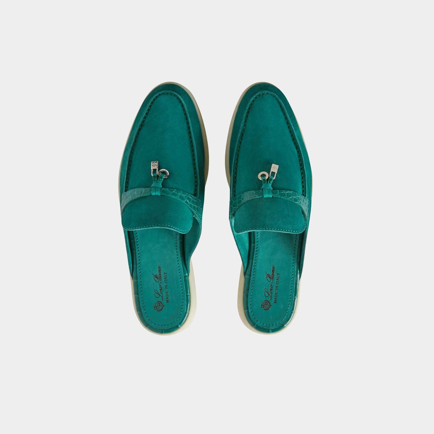 Loro Piana Charms Walk Babouche Suede Loafer With Alligator Saddles, Forest Leaves, Top