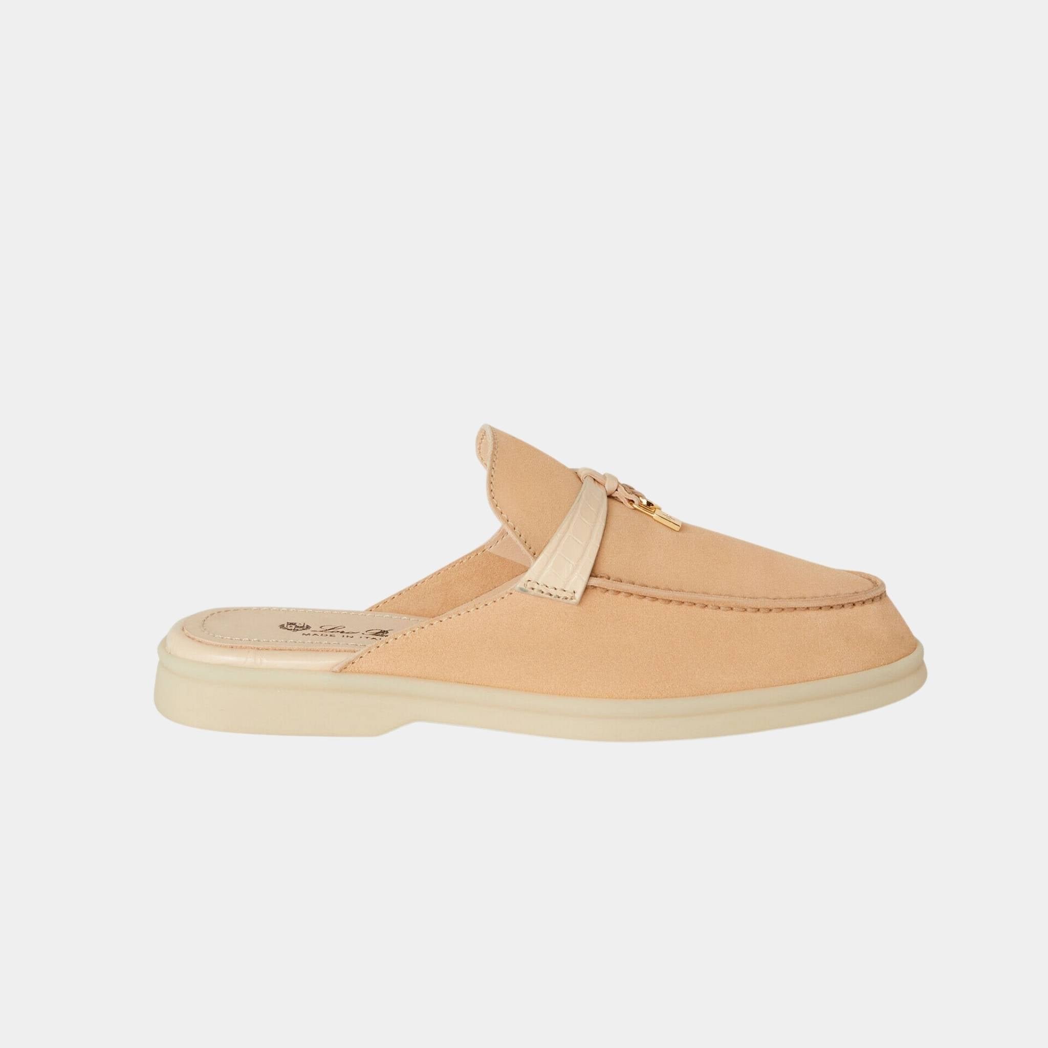 Loro Piana Charms Walk Babouche Suede Loafer With Alligator Saddles, Lemon Meringue, Side