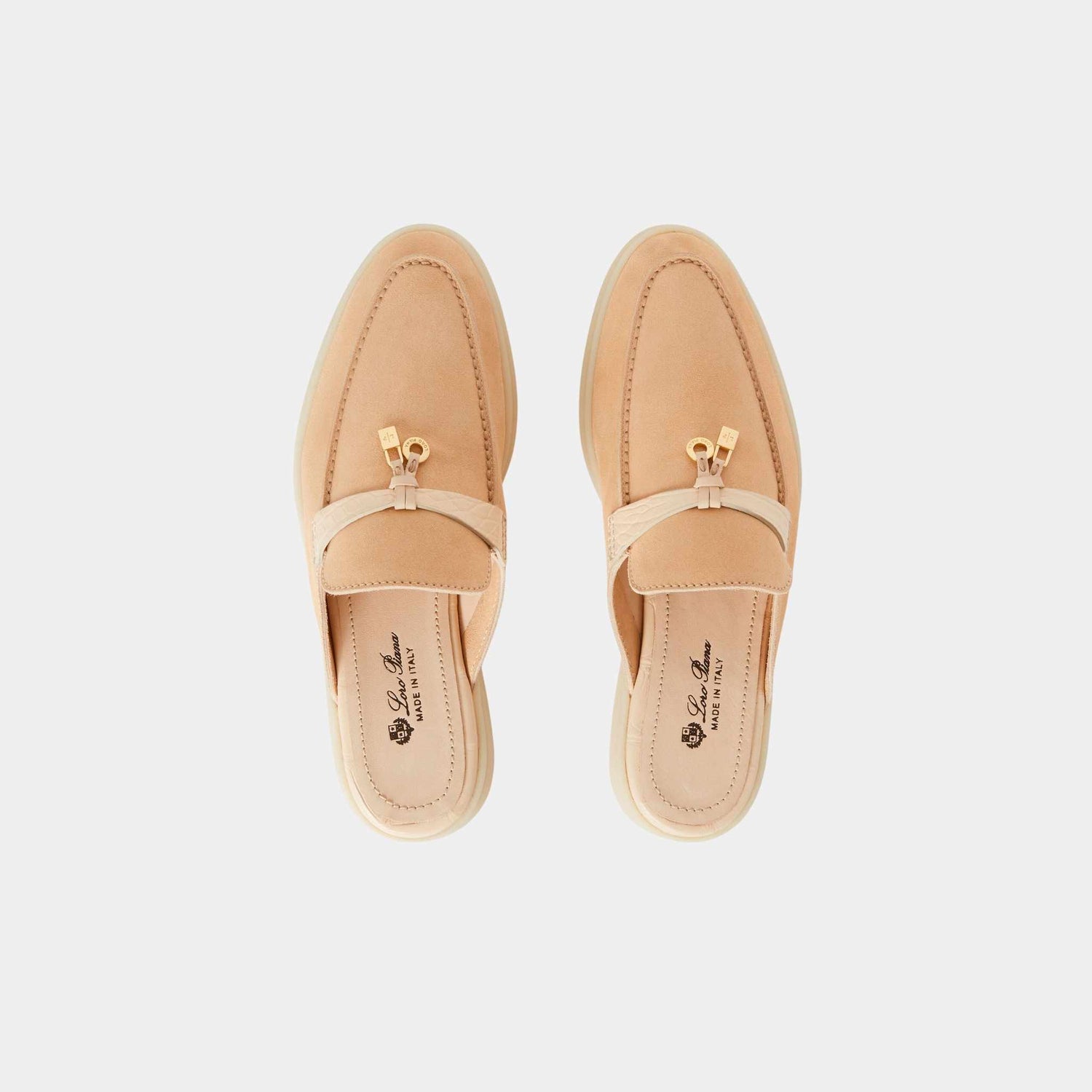 Loro Piana Charms Walk Babouche Suede Loafer With Alligator Saddles, Lemon Meringue, Top