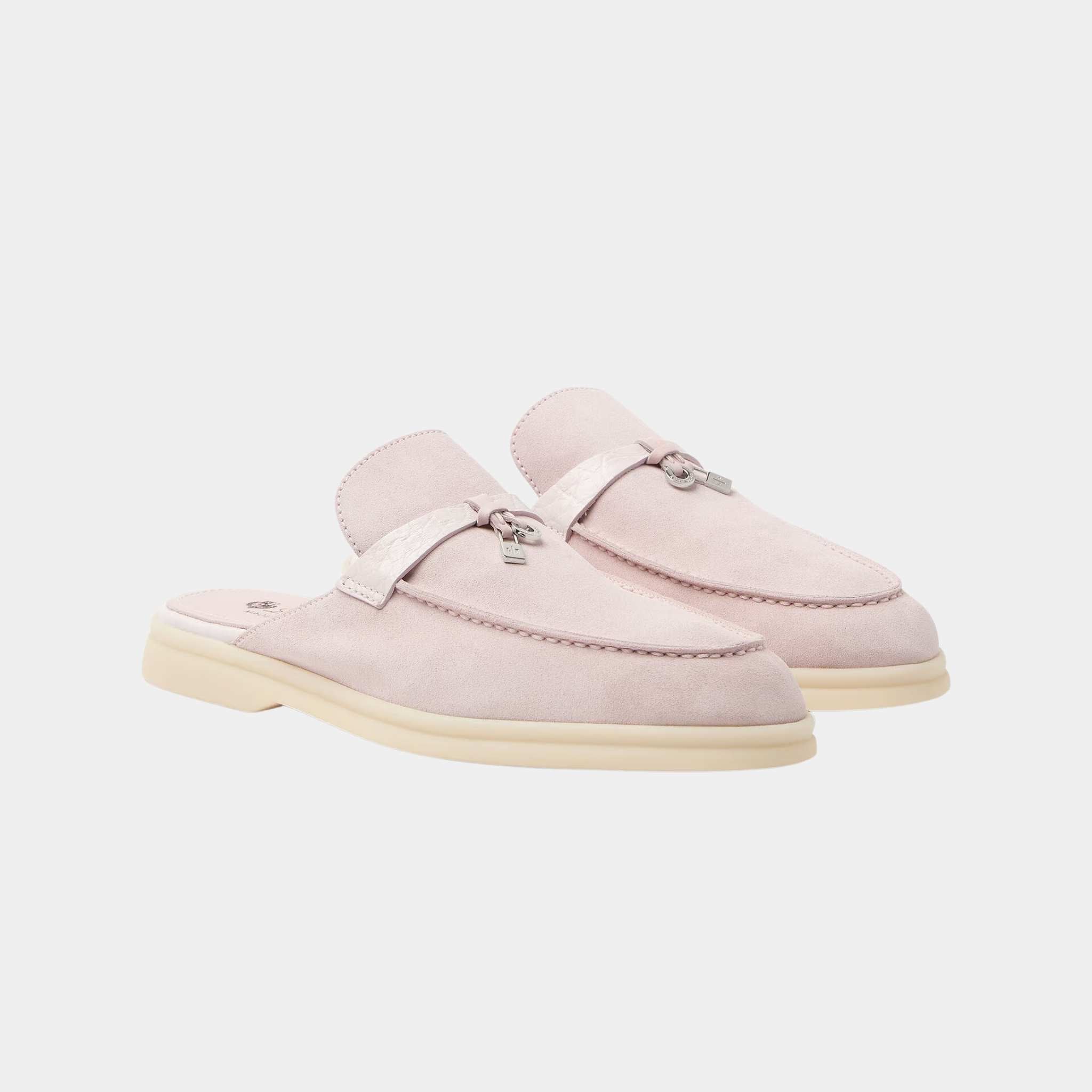 Loro Piana Charms Walk Babouche Suede Loafer With Alligator Saddles, Whisper Pink, Front