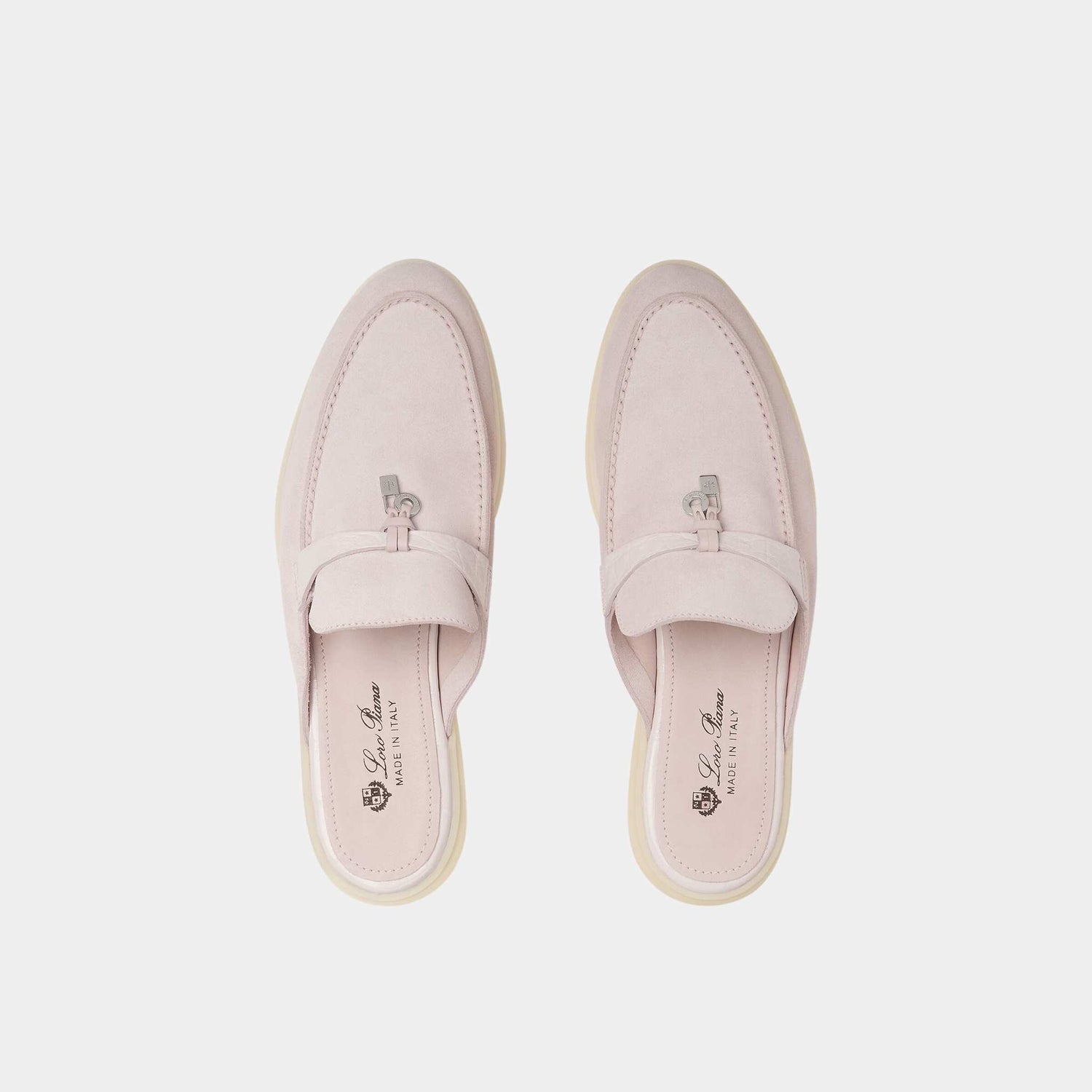 Loro Piana Charms Walk Babouche Suede Loafer With Alligator Saddles, Whisper Pink, Top