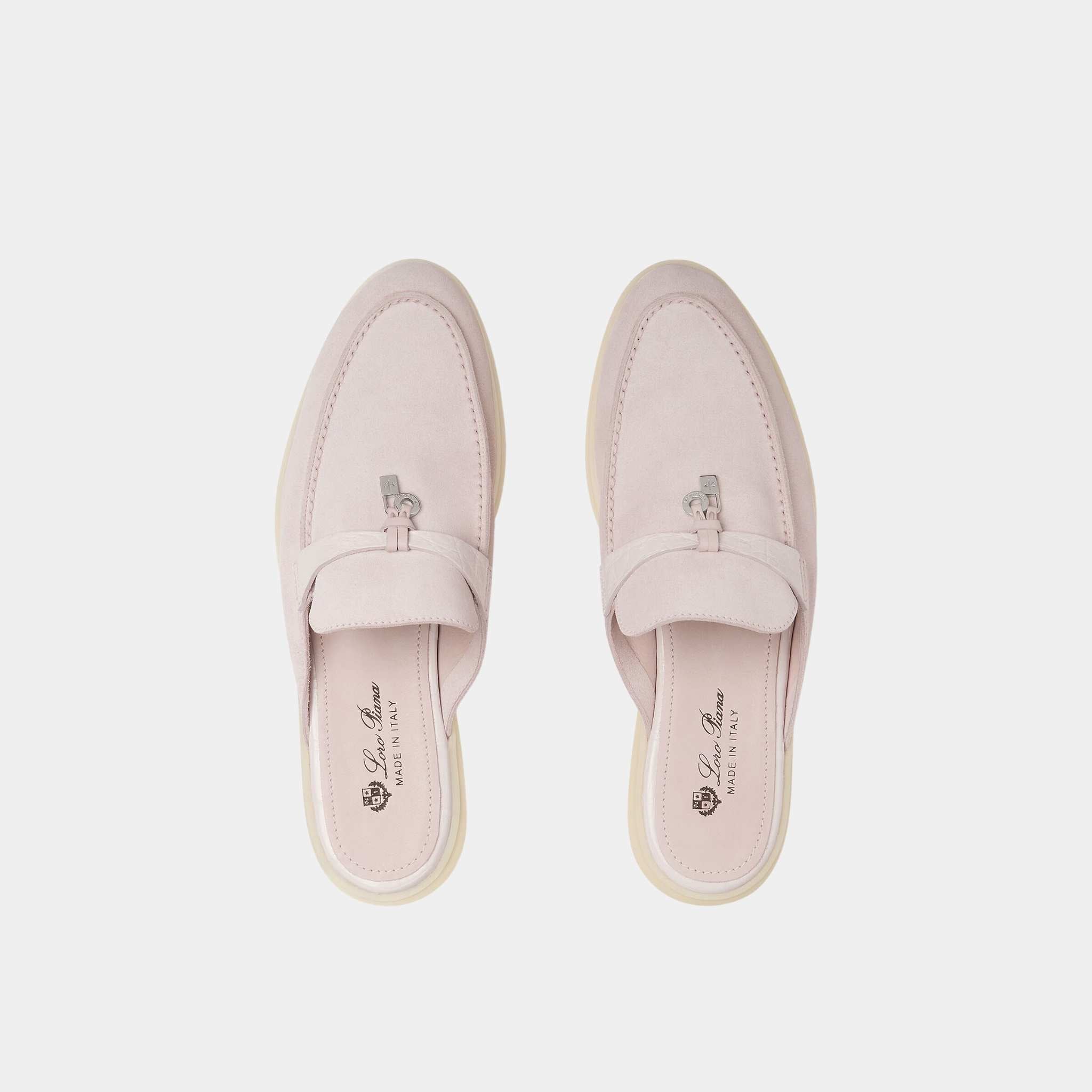 Loro Piana Charms Walk Babouche Suede Loafer With Alligator Saddles, Whisper Pink, Top