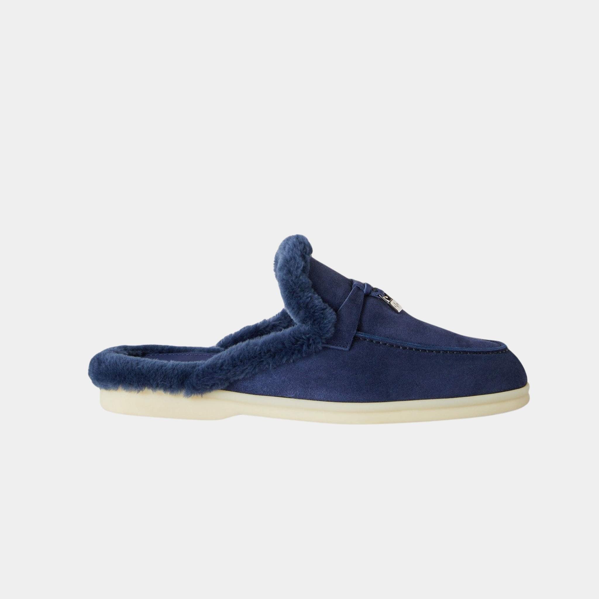 Loro Piana Charms Walk Babouche Suede Loafer With Soft Fur Lining, Midnight Blue, Side