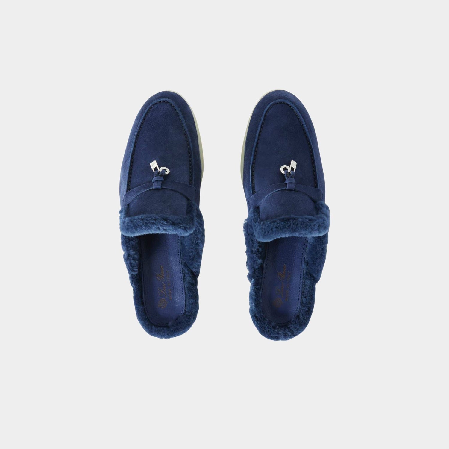 Loro Piana Charms Walk Babouche Suede Loafer With Soft Fur Lining, Midnight Blue, Top