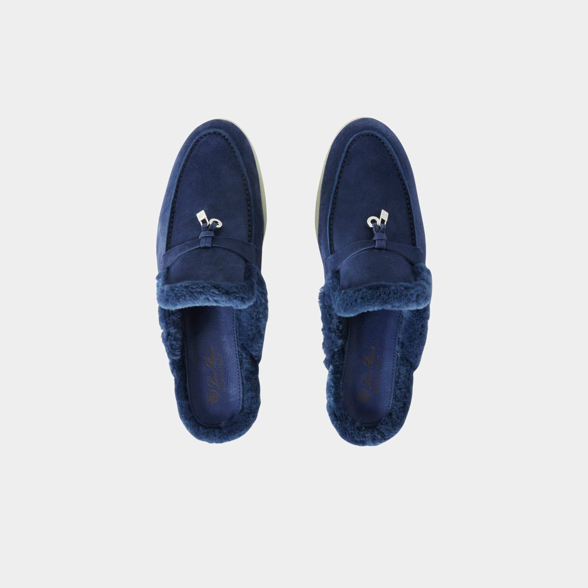 Loro Piana Charms Walk Babouche Suede Loafer With Soft Fur Lining, Midnight Blue, Top