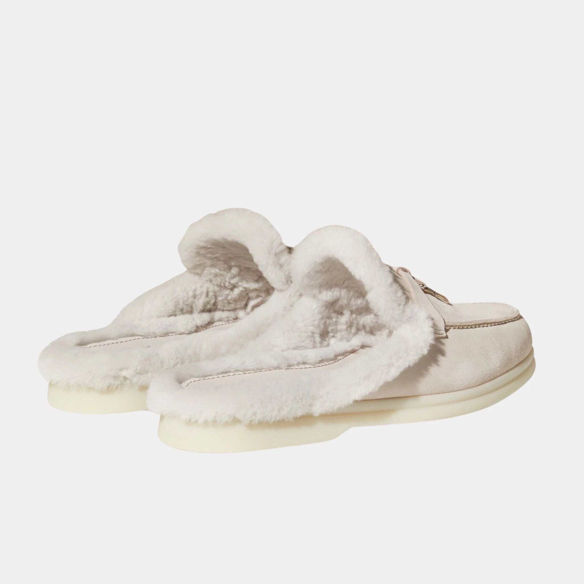 Loro Piana Charms Walk Babouche Suede Loafer With Soft Fur Lining, Powder Pearl, Back