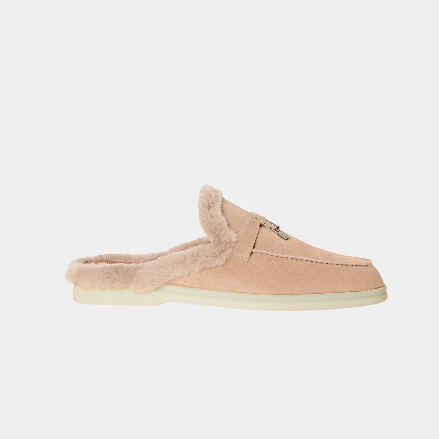 Loro Piana Charms Walk Babouche Suede Loafer With Soft Fur Lining, Strawberry Frosting, Side