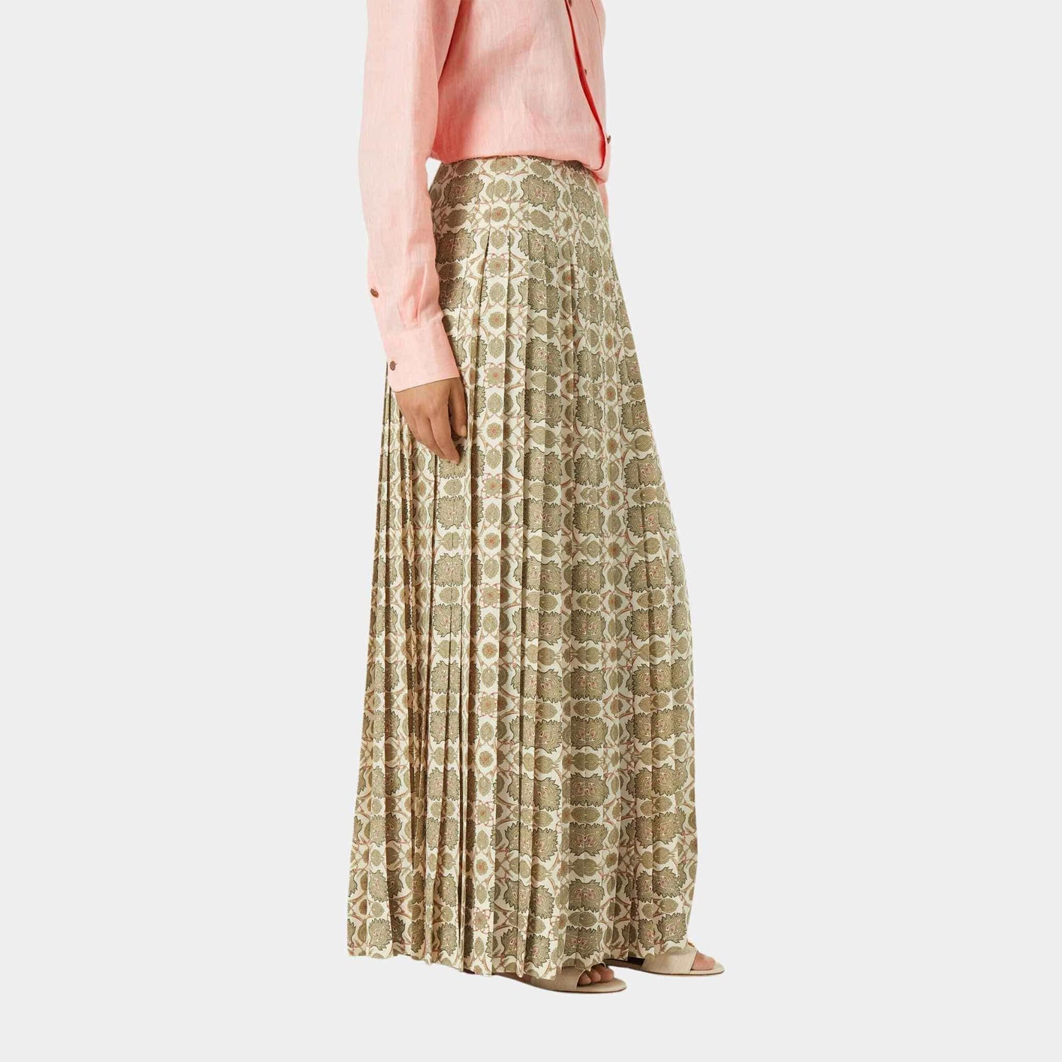 Loro Piana Clea Skirt Silk, Sunset Glow, Green Fluorite, Model