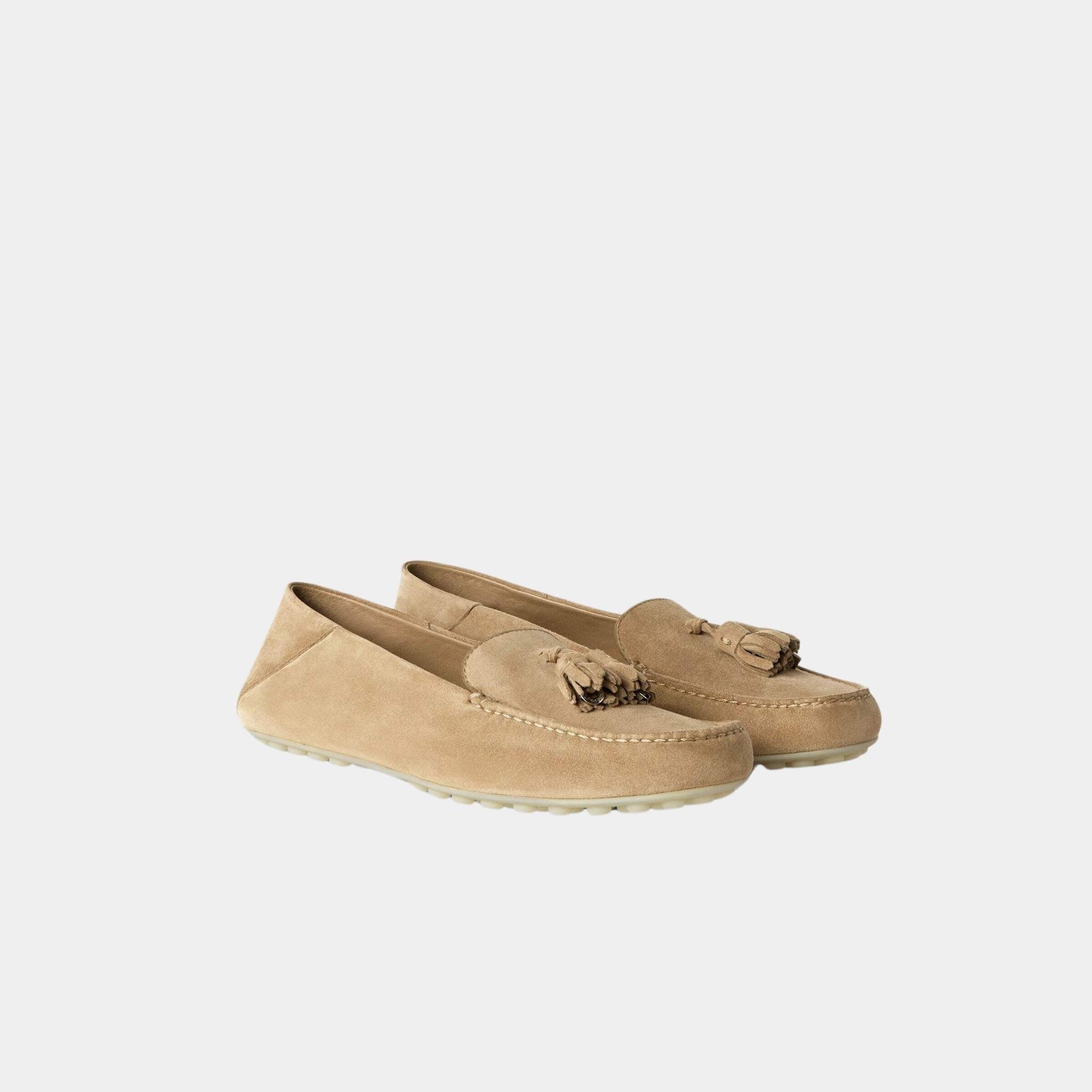 Loro Piana Dot Sole Walk Loafer Suede Goatskin, Cashew Butter, Front