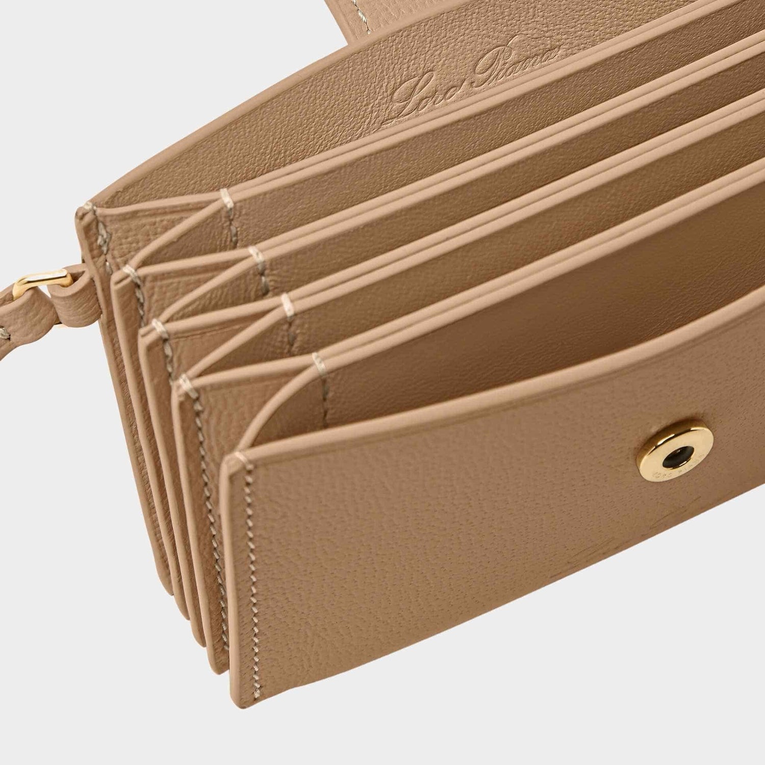 Loro Piana Extra Cardholder Calfskin With Snap Button Closure, Light Mastic, Closeup