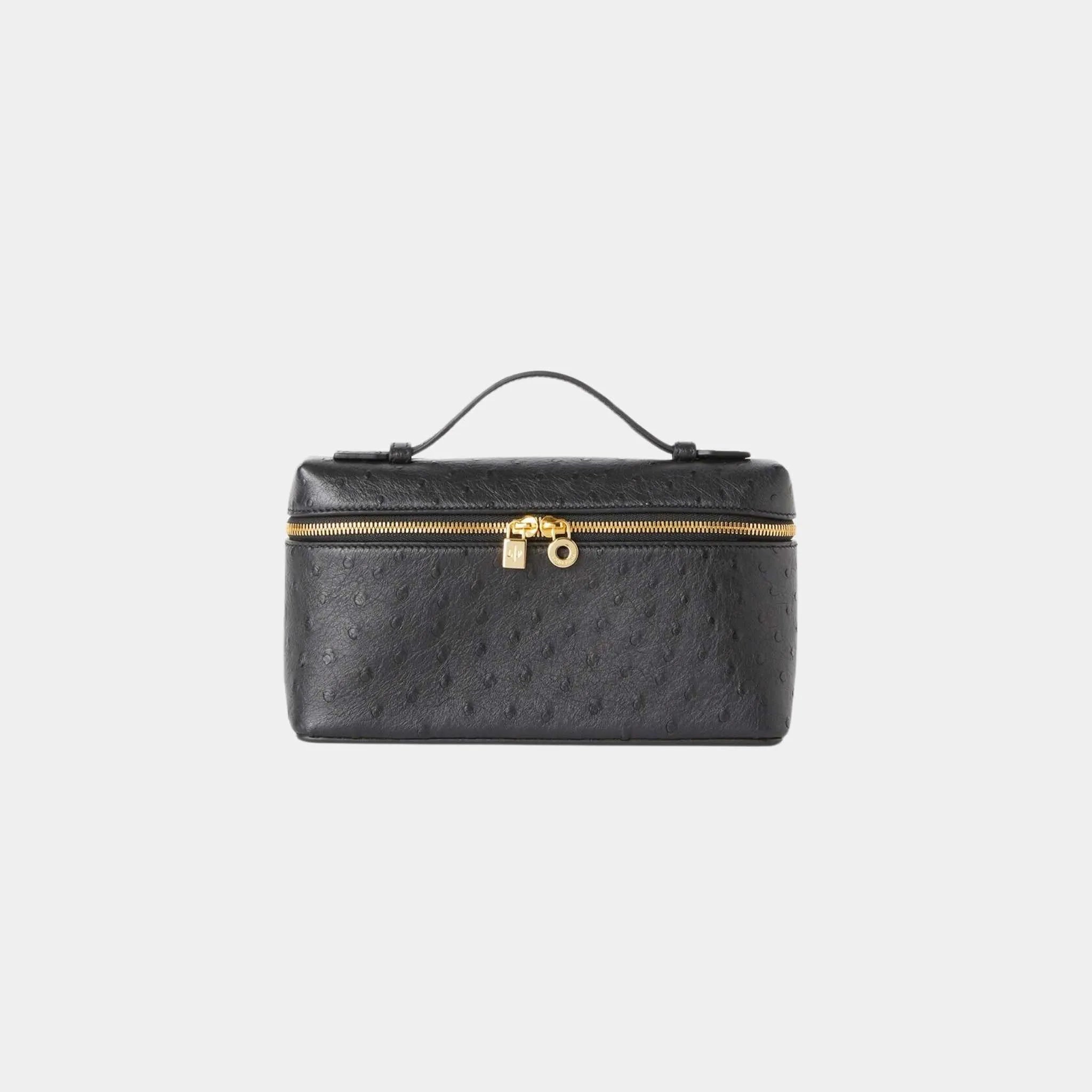 Loro Piana Extra Pocket L19 In Ostrich Leather, Black, Sun Gold, Front