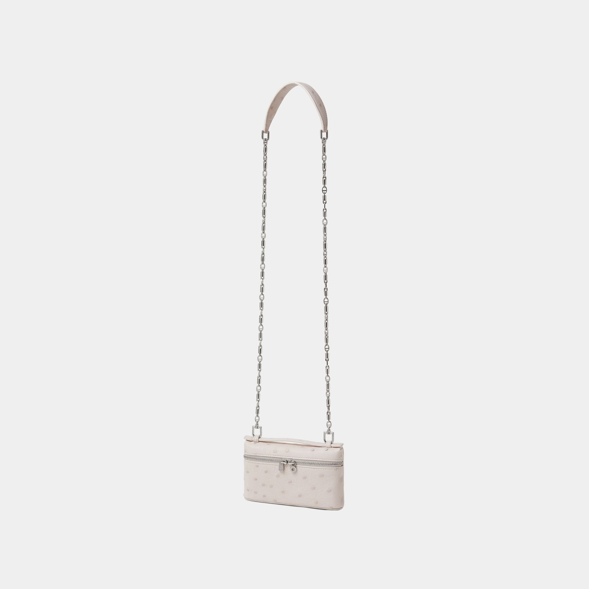 Loro Piana Extra Pocket Mini Pouch Ostrich Leather, Whisper Pink, Antique Silver, Strap