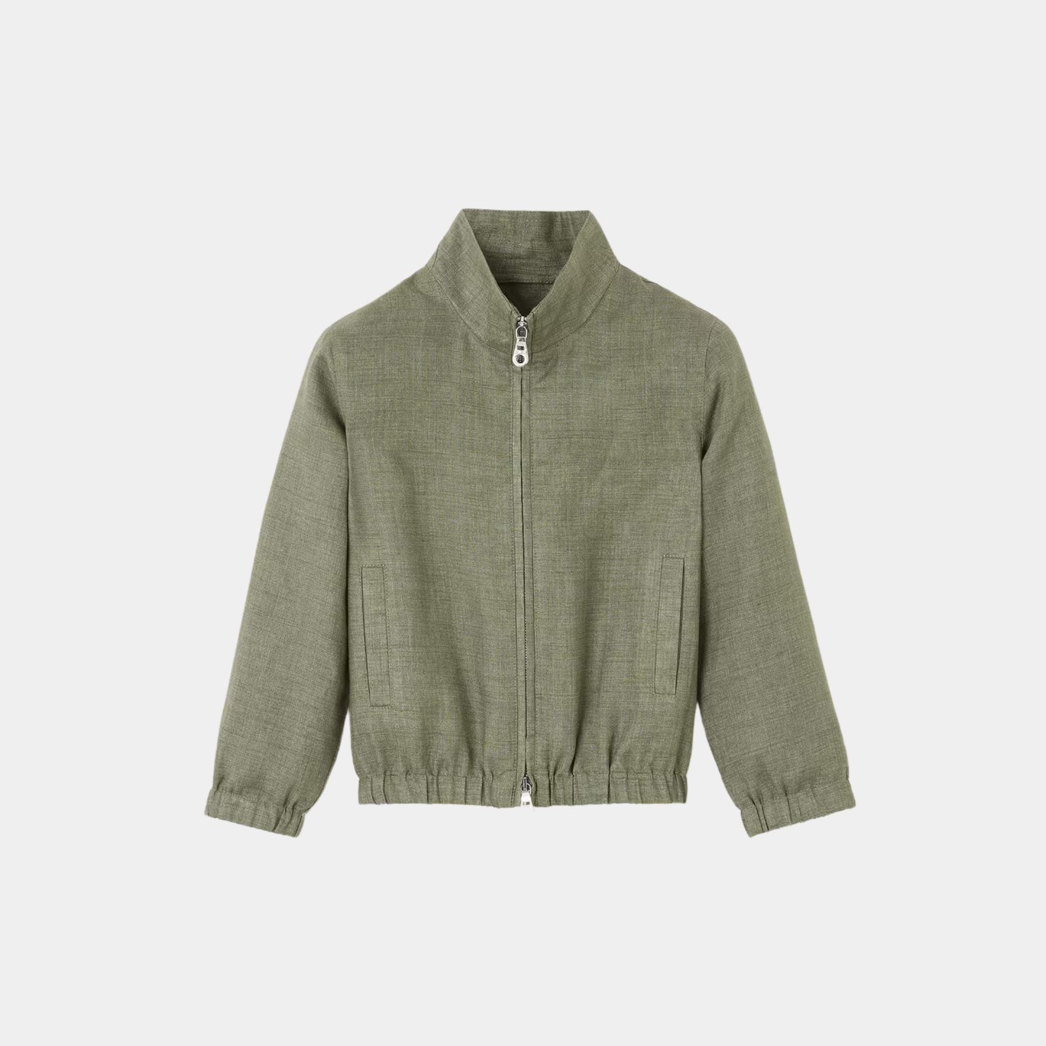 Loro Piana Kids Bomber Jacket Linen, Green Landscape, Front