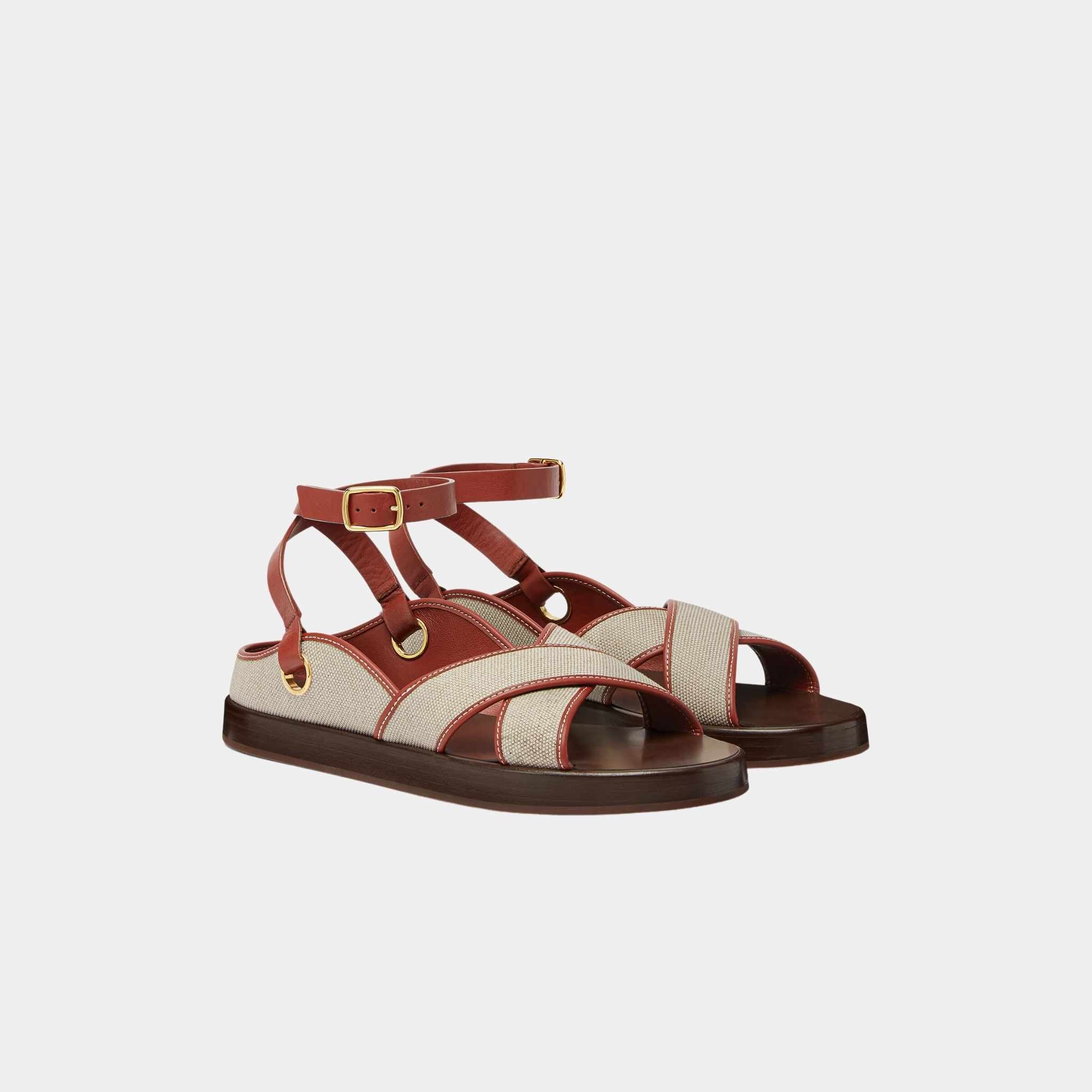 Loro Piana Leo Sandal In Cotton And Linen Canvas, Natural, Deep Kummel, Front