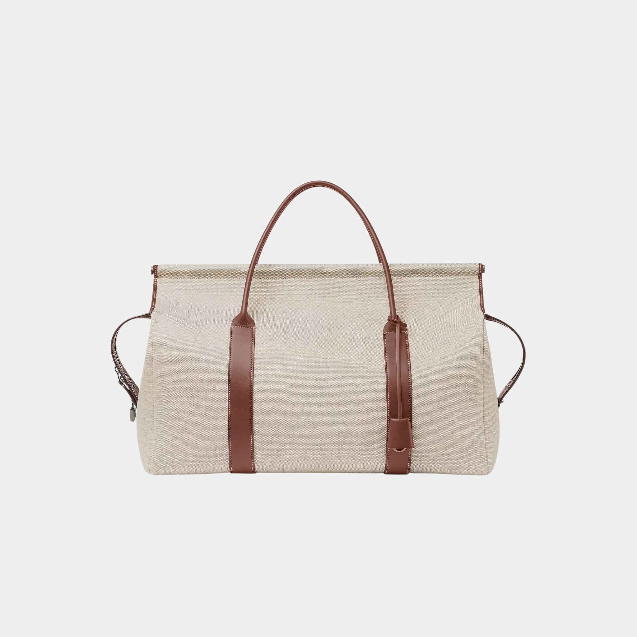 Loro Piana Loom Weekender Bag L42 Cotton-Linen And Calfskin, Natural, Caramel Sugar, Front