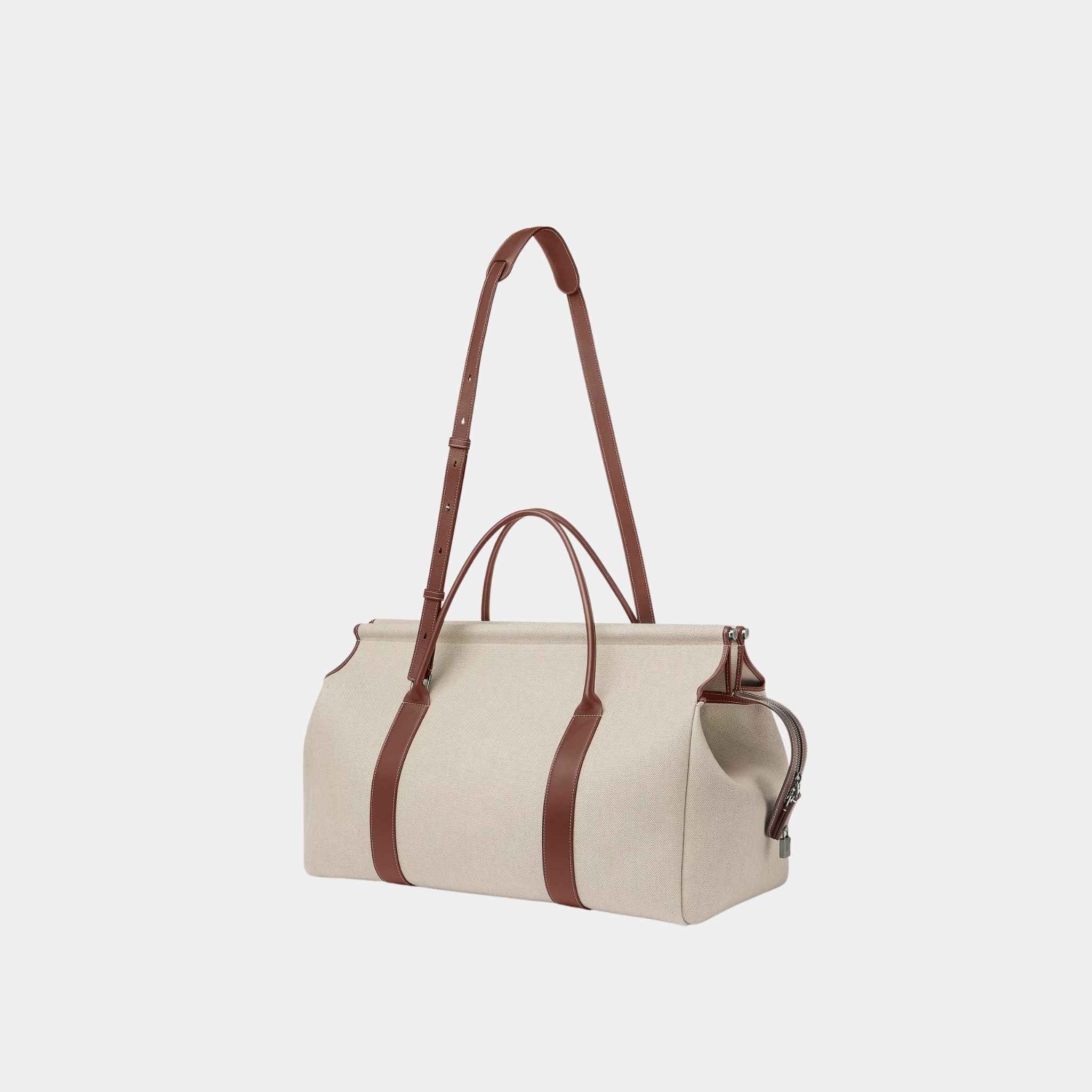 Loro Piana Loom Weekender Bag L42 Cotton-Linen And Calfskin, Natural, Caramel Sugar, Strap