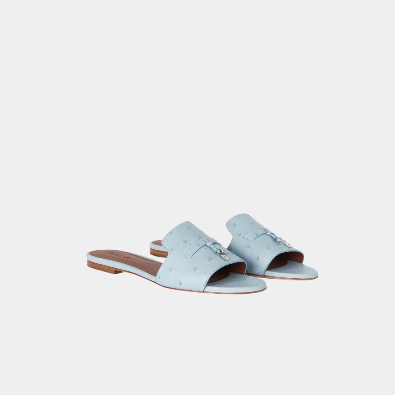 Loro Piana Summer Charms Flat Sandal Ostrich Leather, Blue Celadon, Front