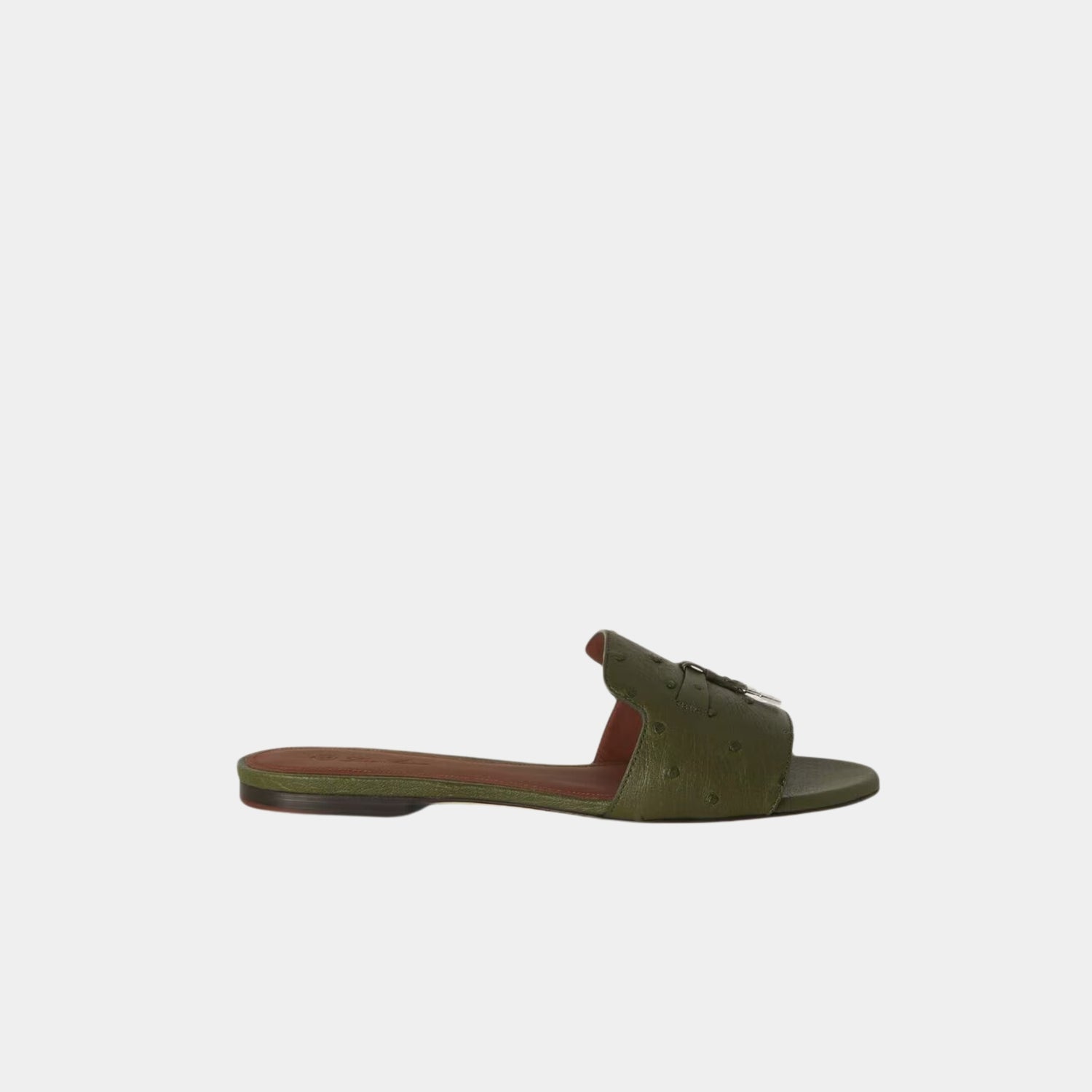 Loro Piana Summer Charms Flat Sandal Ostrich Leather, Dark Lichen Green, Side